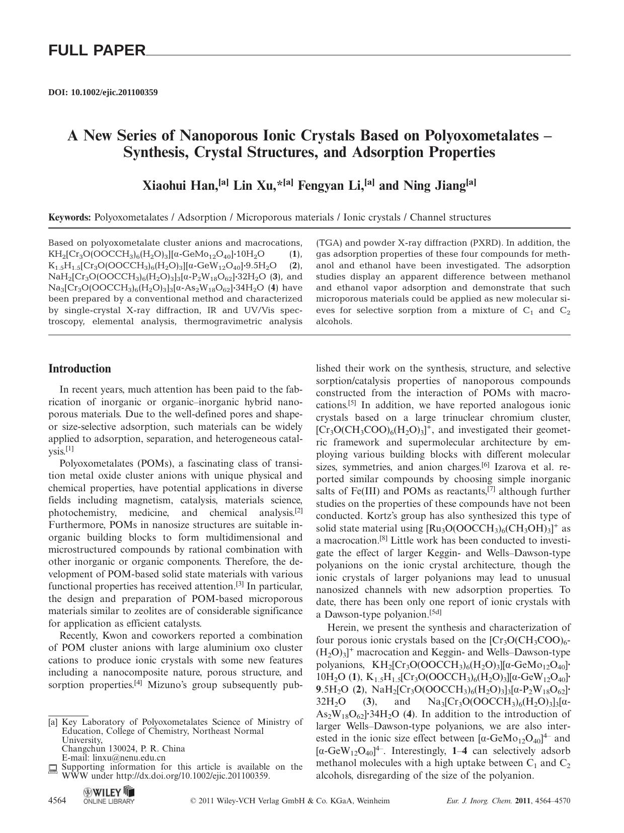 A New Series of Nanoporous Ionic Crystals Based on Polyoxometalates Synthesis, Crystal Structures, and Adsorption Properties by Unknown