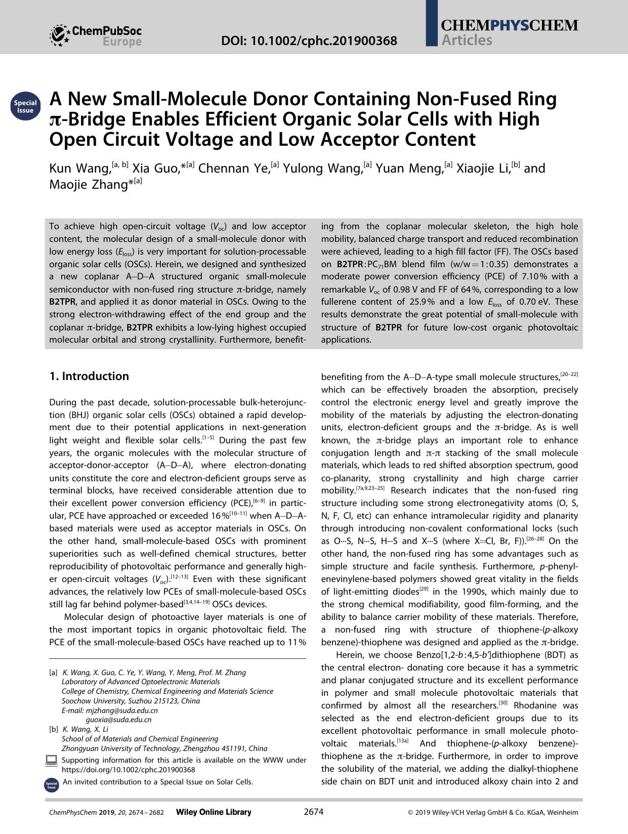 A New SmallâMolecule Donor Containing NonâFused Ring ÏâBridge Enables Efficient Organic Solar Cells with High Open Circuit Voltage and Low Acceptor Content by Unknown