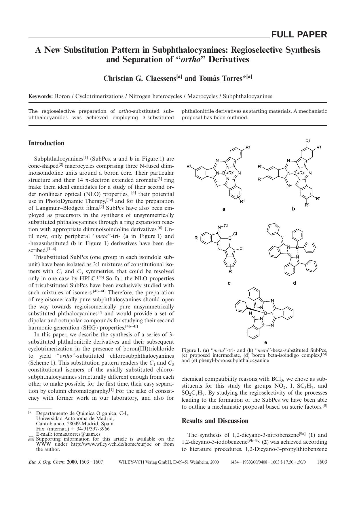 A New Substitution Pattern in Subphthalocyanines: Regioselective Synthesis and Separation of "ortho" Derivatives by Unknown