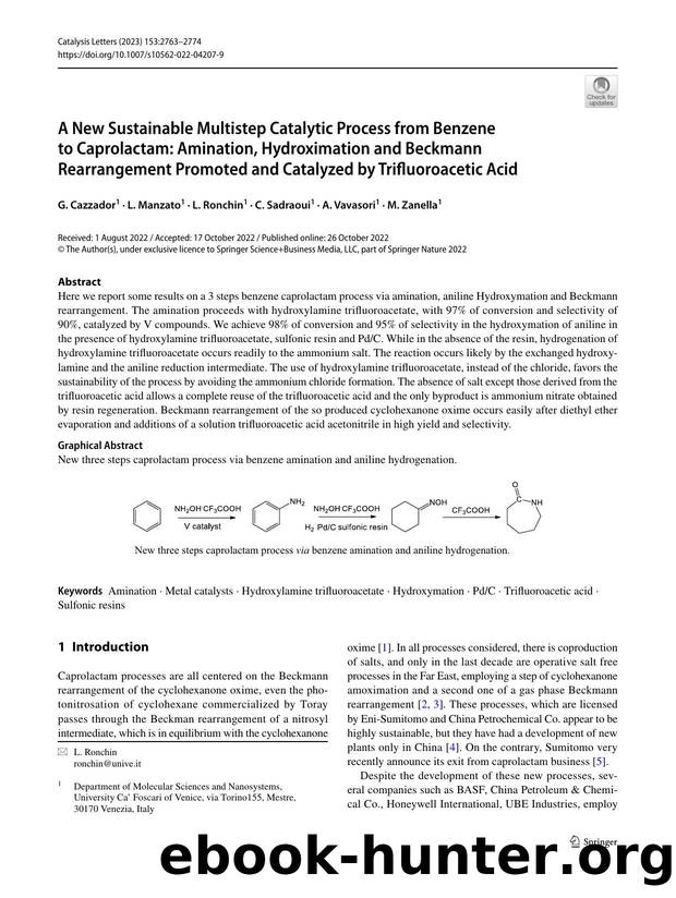 A New Sustainable Multistep Catalytic Process from Benzene to Caprolactam: Amination, Hydroximation and Beckmann Rearrangement Promoted and Catalyzed by Trifluoroacetic Acid by G. Cazzador & L. Manzato & L. Ronchin & C. Sadraoui & A. Vavasori & M. Zanella