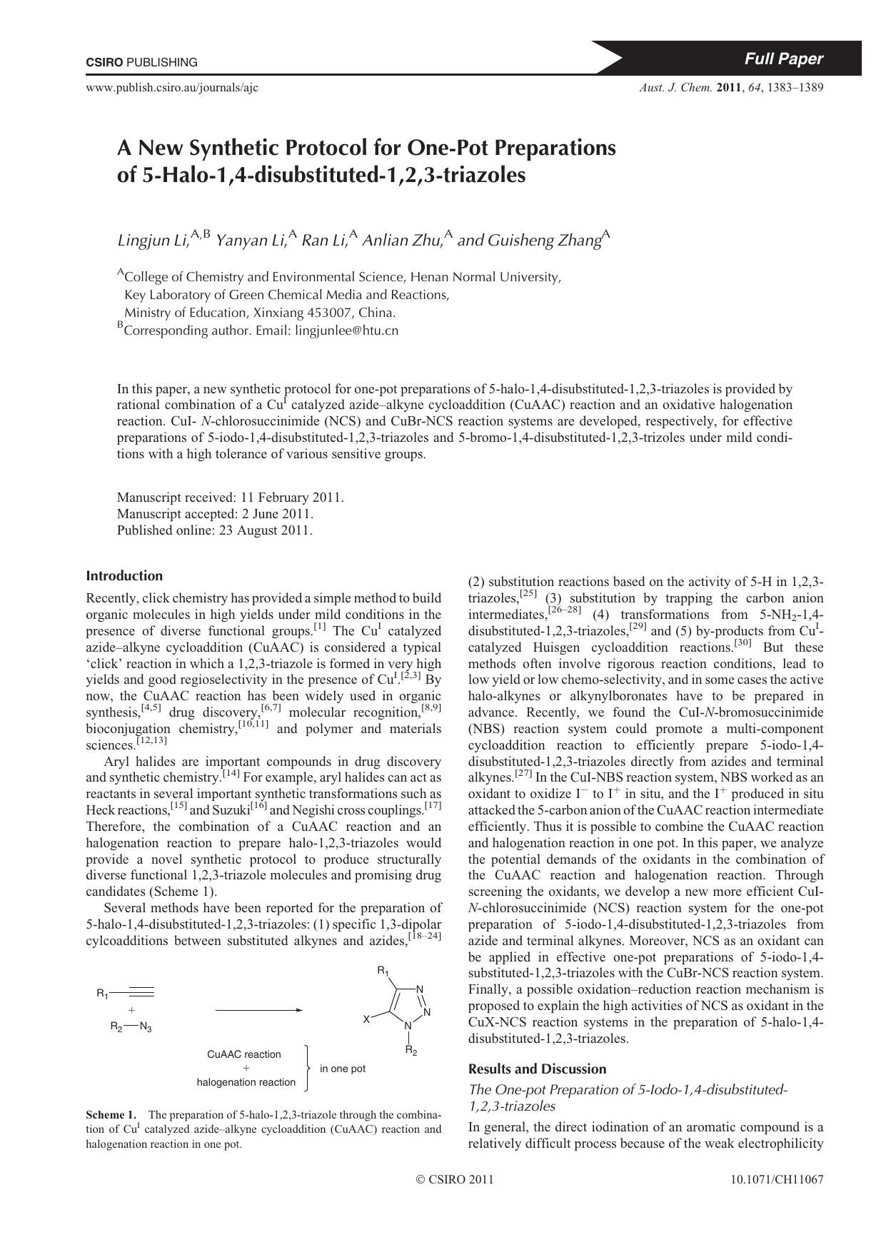A New Synthetic Protocol for One-Pot Preparations of 5-Halo-1,4-disubstituted-1,2,3-triazoles by L. Li et al