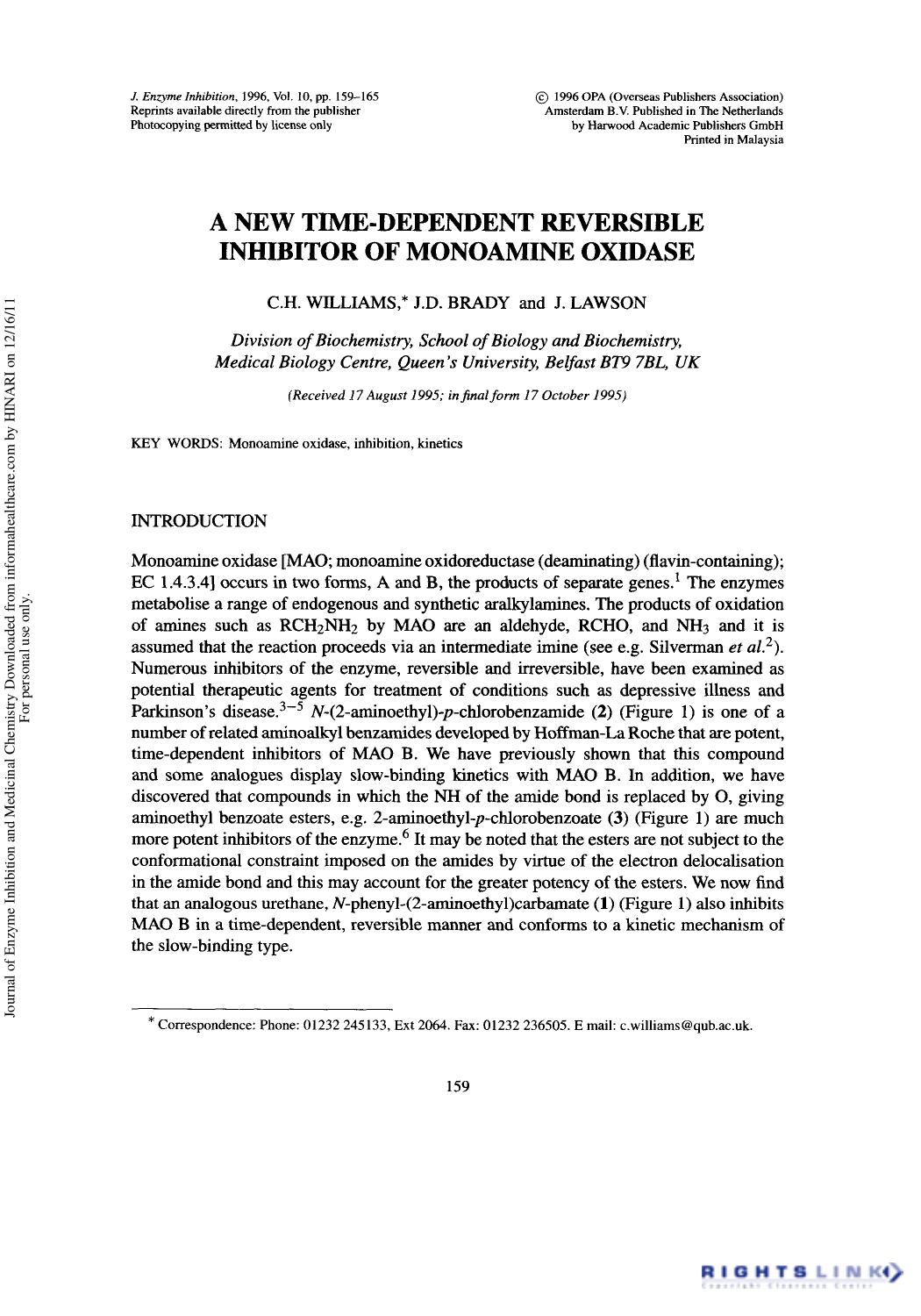 A New Time-Dependent Reversible Inhibitor of Monoamine Oxidase by C. H. Williams J. D. Brady & J. Lawson