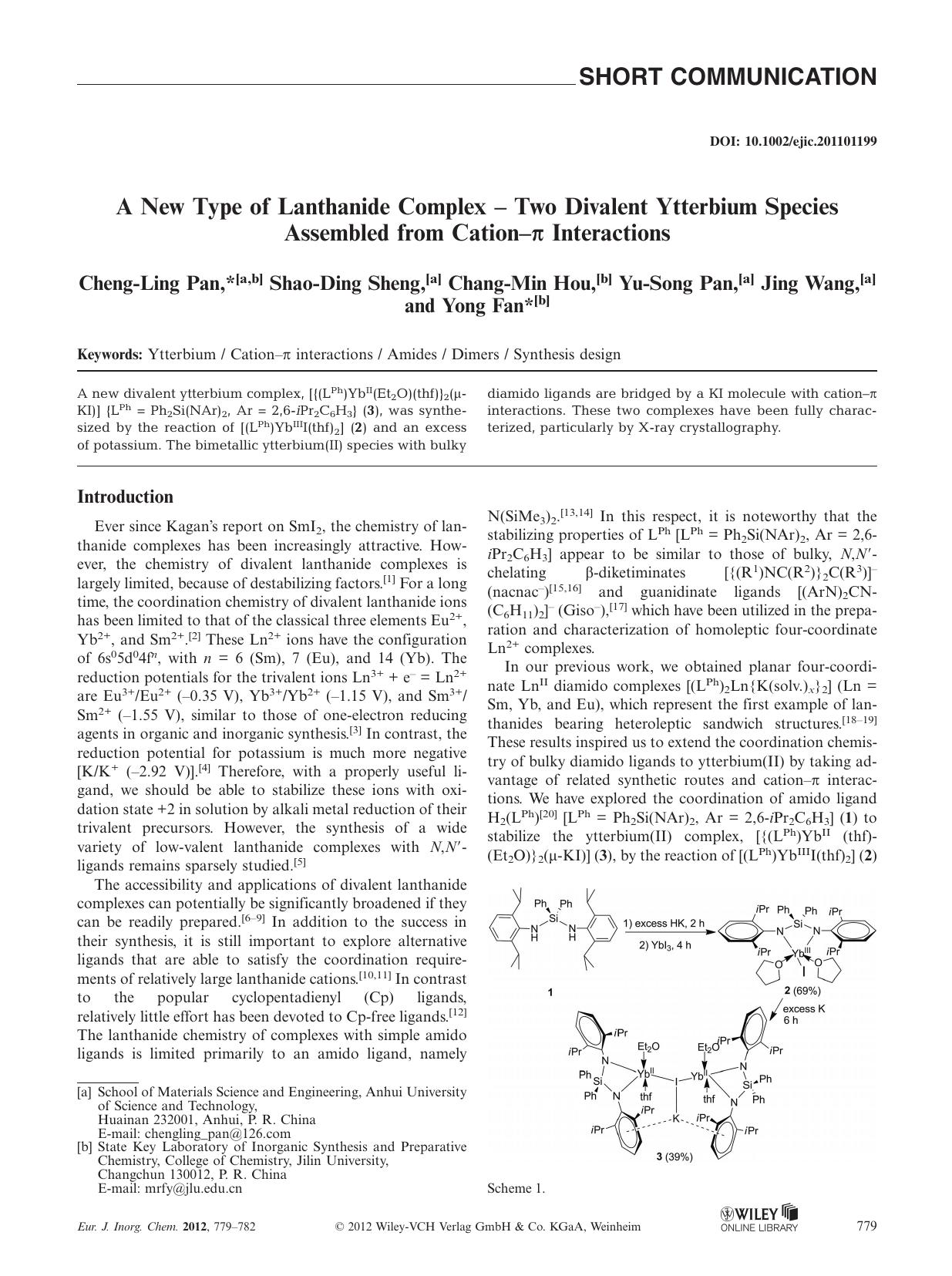 A New Type of Lanthanide Complex Two Divalent Ytterbium Species Assembled from Cation Interactions by Unknown