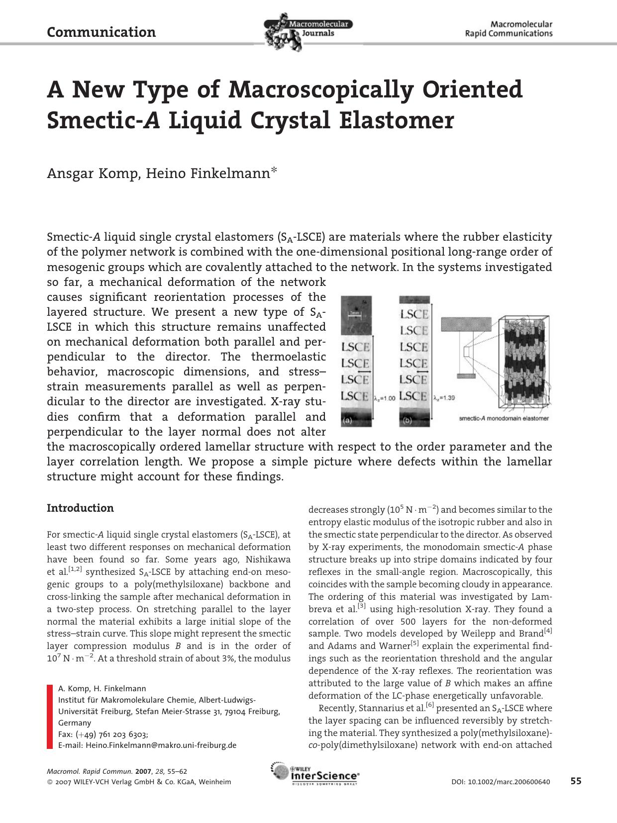 A New Type of Macroscopically Oriented Smectic-A Liquid Crystal Elastomer by Unknown
