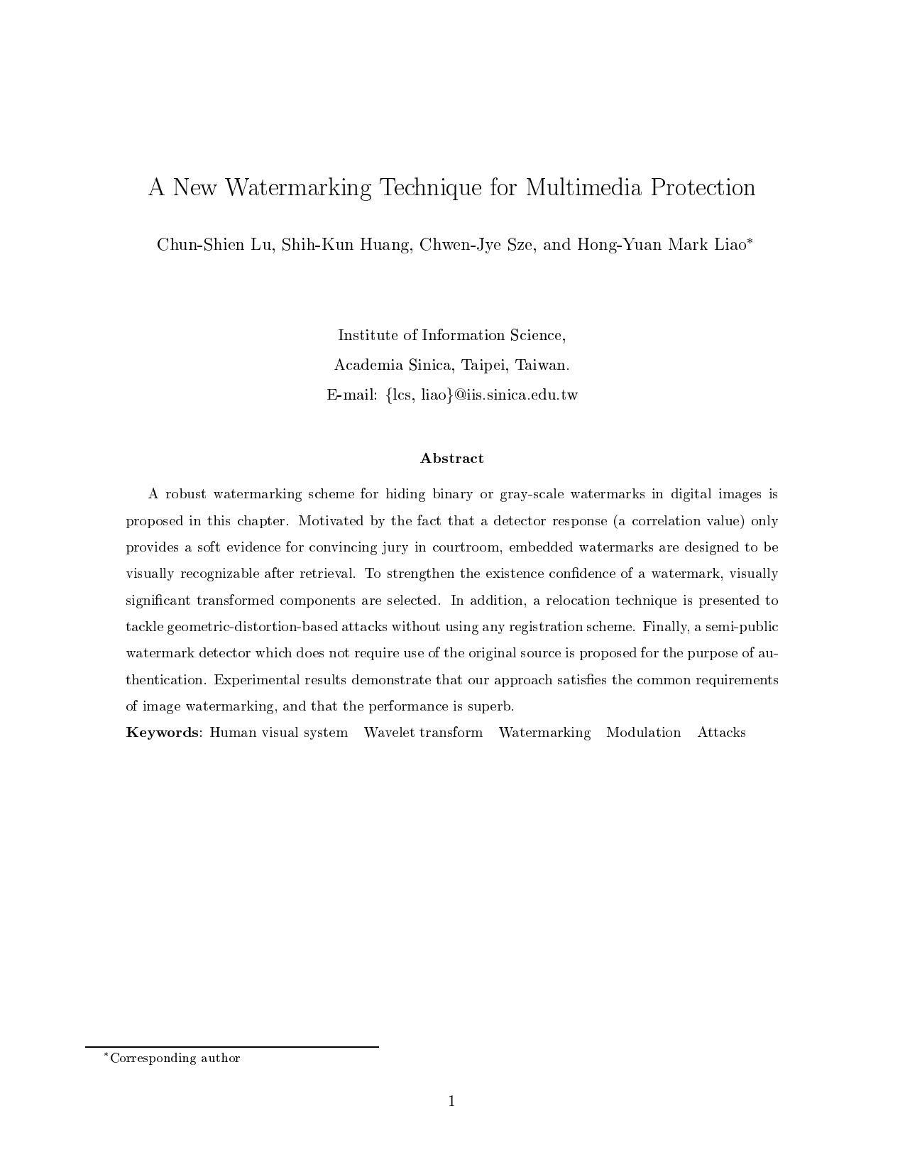 A New Watermarking Technique for Multimedia Protection by Lu Huang Sze Liao