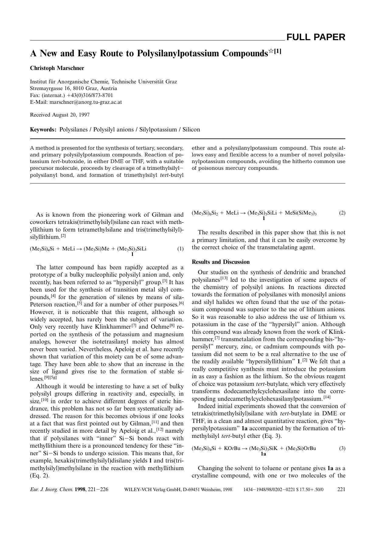 A New and Easy Route to Polysilanylpotassium Compounds by Unknown