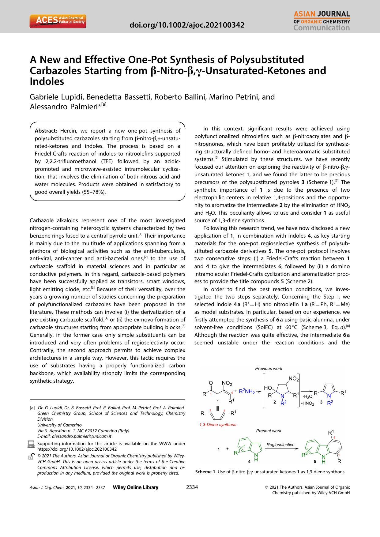 A New and Effective OneâPot Synthesis of Polysubstituted Carbazoles Starting from Î²âNitroâÎ²,Î³âUnsaturatedâKetones and Indoles by Unknown