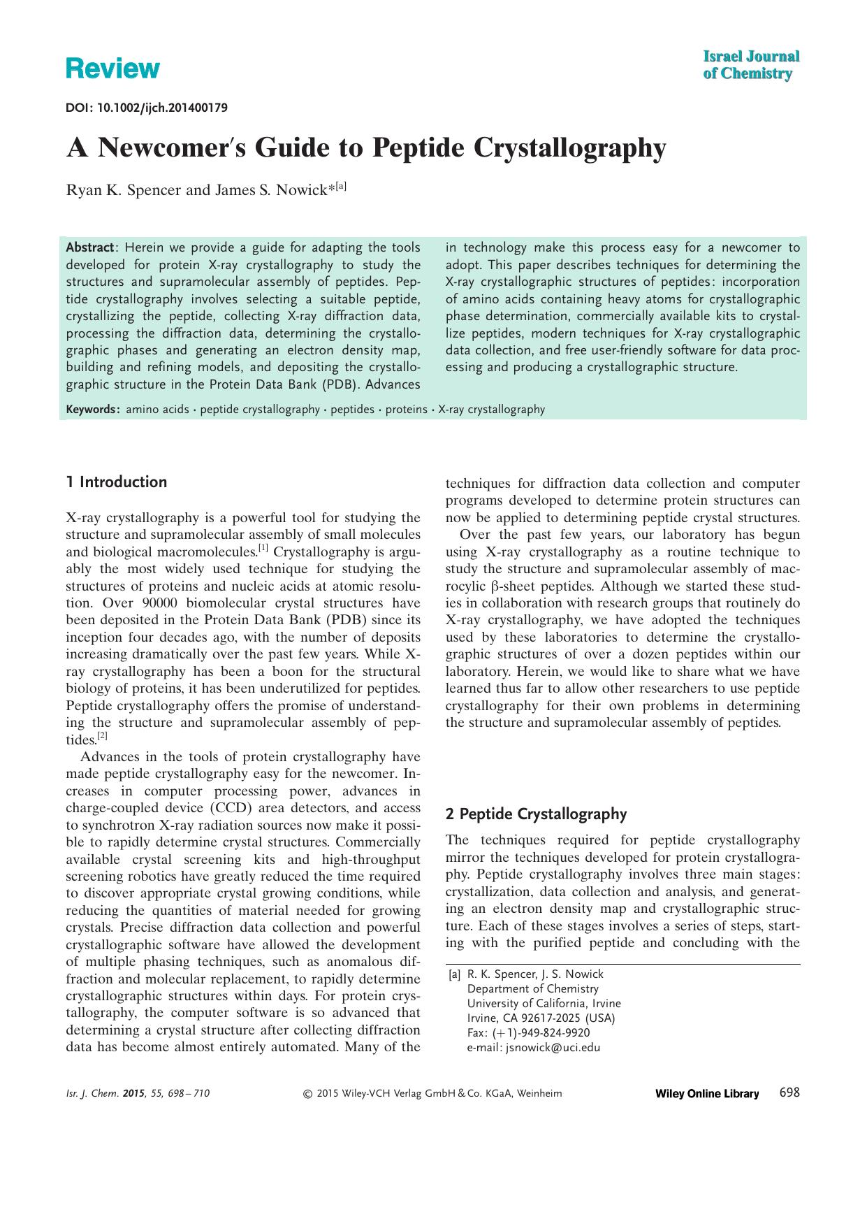 A Newcomers Guide to Peptide Crystallography by Unknown