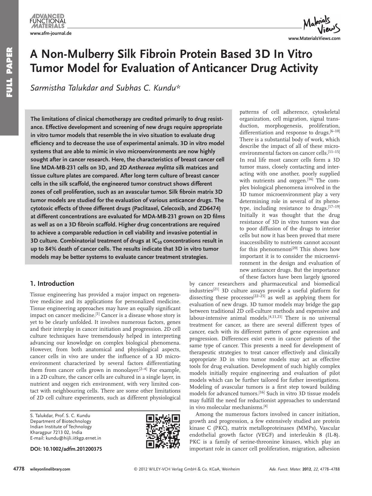 A NonMulberry Silk Fibroin Protein Based 3D In Vitro Tumor Model for Evaluation of Anticancer Drug Activity by vng