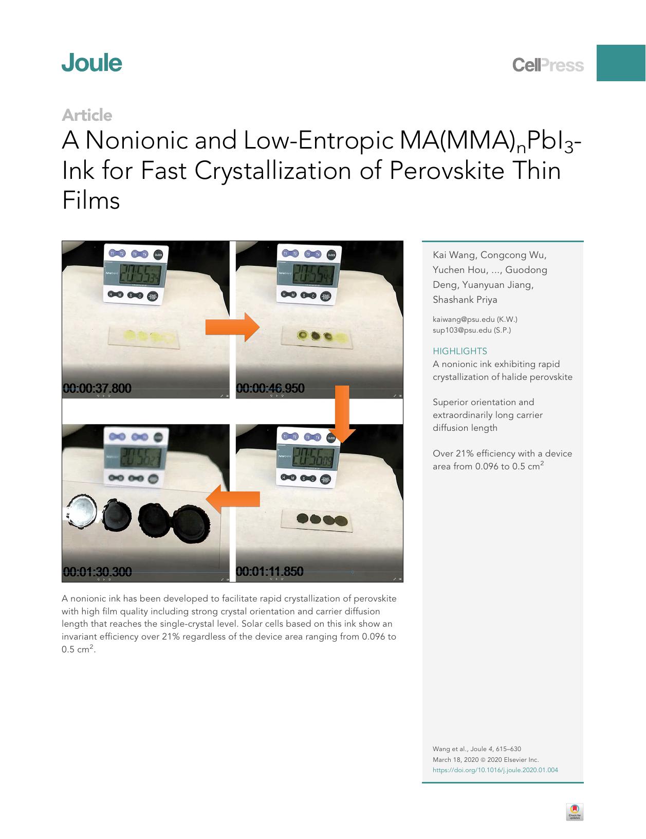 A Nonionic and Low-Entropic MA(MMA)nPbI3-Ink for Fast Crystallization of Perovskite Thin Films by unknow