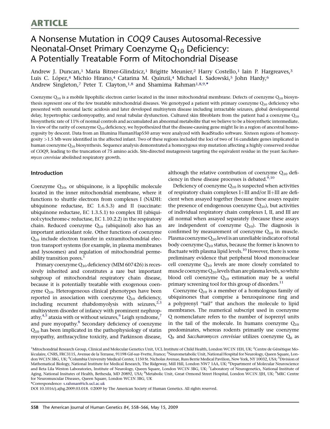 A Nonsense Mutation in COQ9 Causes Autosomal-Recessive Neonatal-Onset Primary Coenzyme Q10 Deficiency: A Potentially Treatable Form of Mitochondrial Disease by unknow