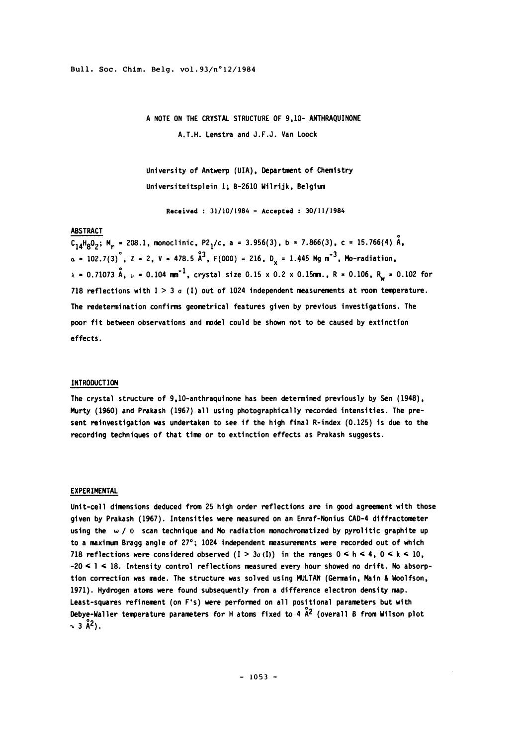 A Note on the Crystal Structure of 9,10 Anthraquinone by Unknown