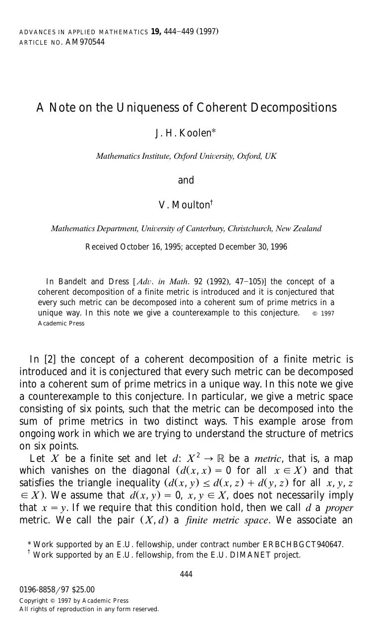 A Note on the Uniqueness of Coherent Decompositions by Koolen J. H. et al