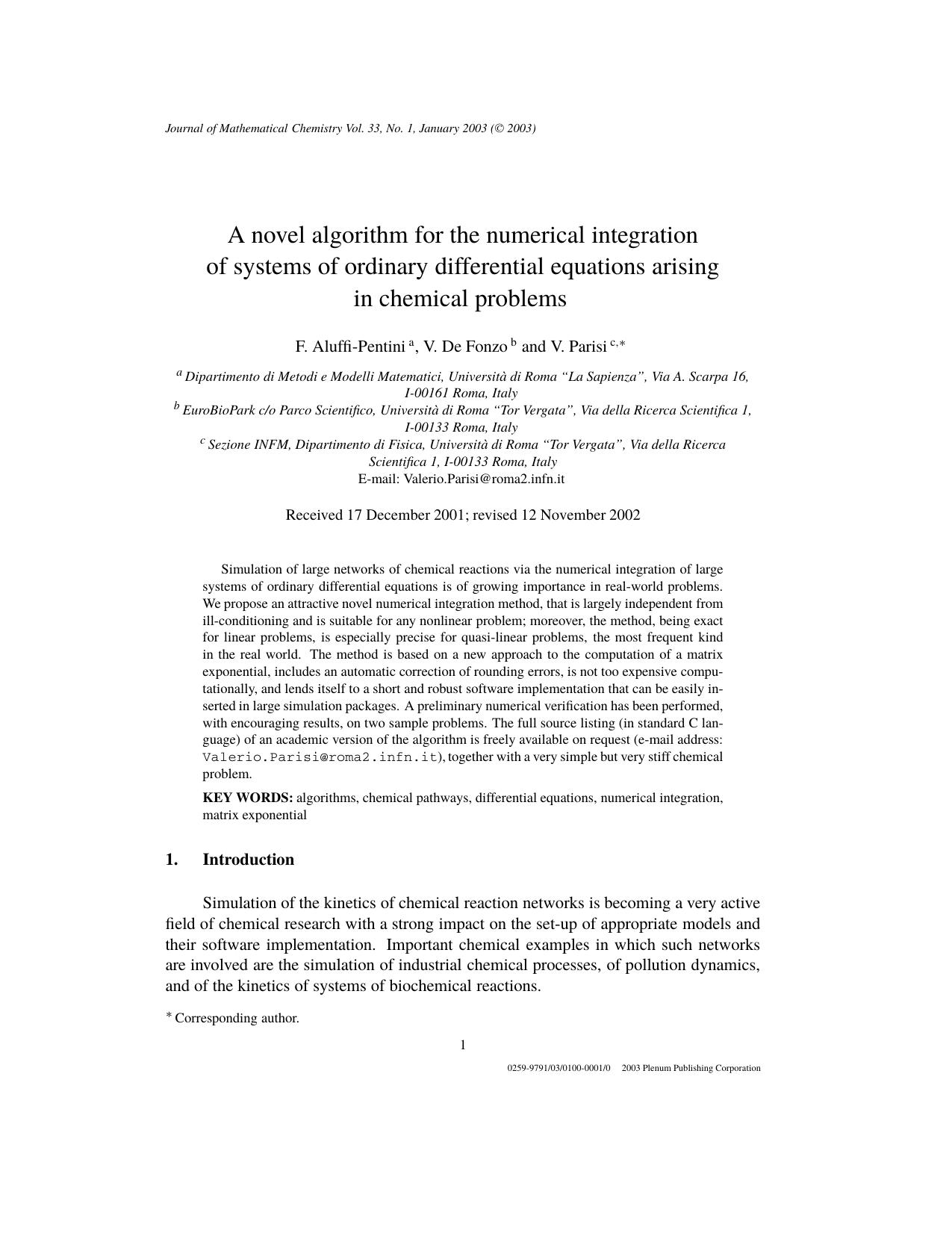 A Novel Algorithm for the Numerical Integration of Systems of Ordinary Differential Equations Arising in Chemical Problems by Unknown