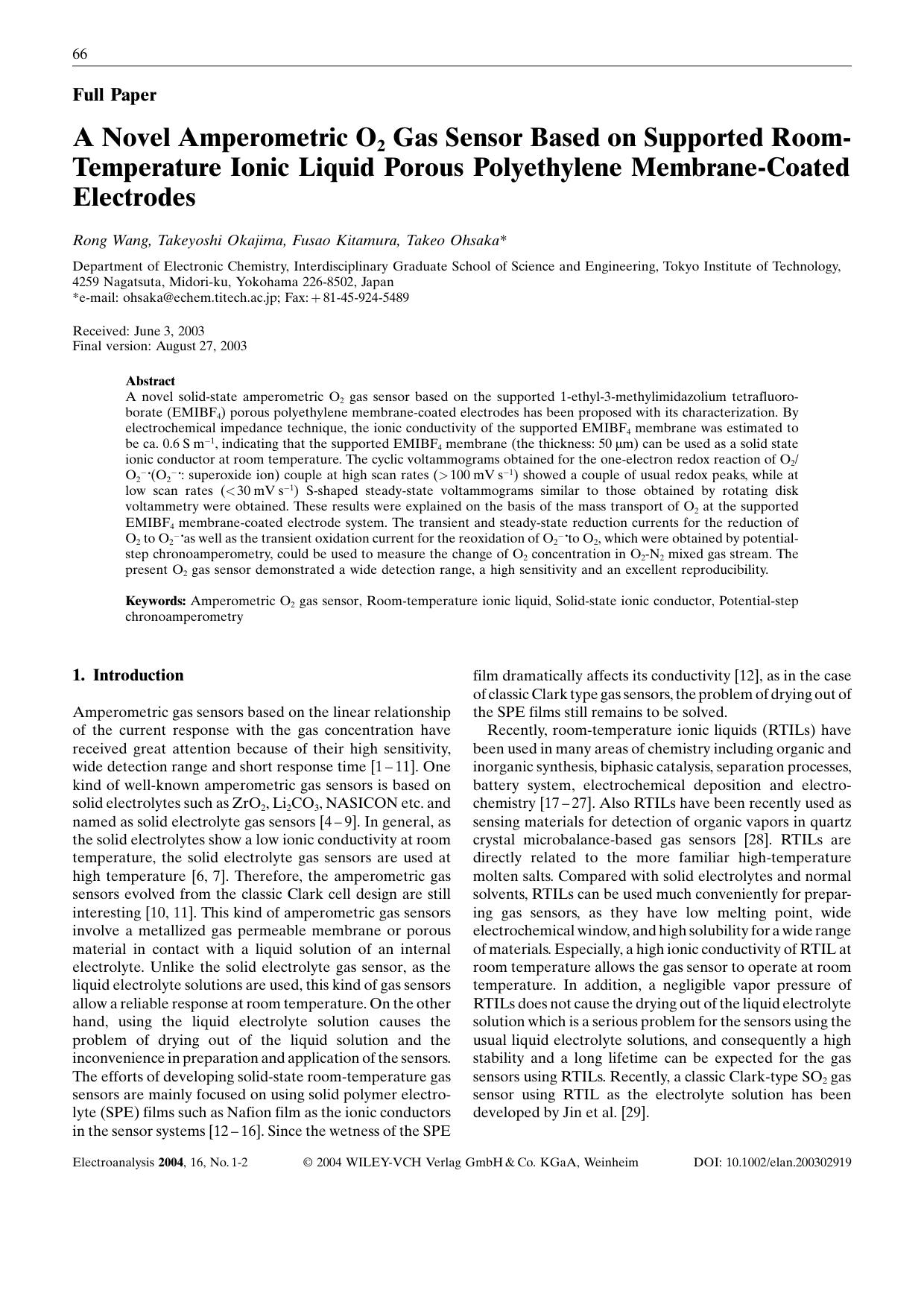 A Novel Amperometric O2 Gas Sensor Based on Supported Room-Temperature Ionic Liquid Porous Polyethylene Membrane-Coated Electrodes by Unknown