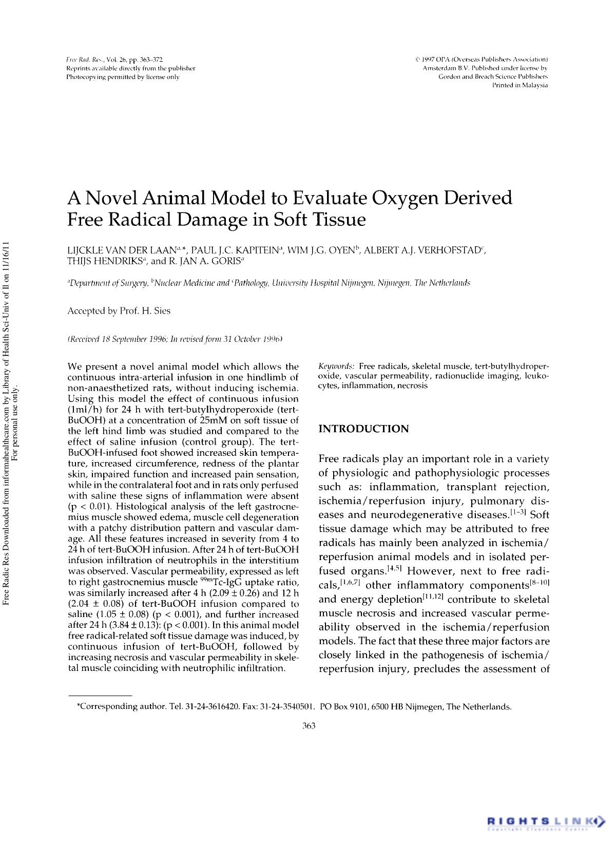 A Novel Animal Model to Evaluate Oxygen Derived Free Radical Damage in Soft Tissue by unknow