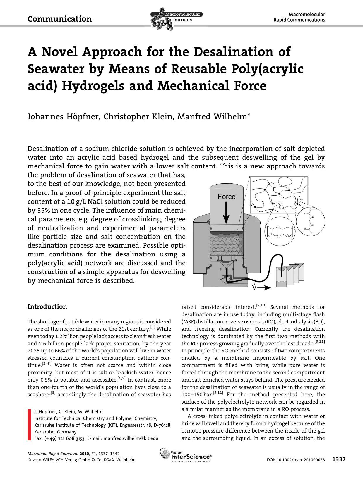 A Novel Approach for the Desalination of Seawater by Means of Reusable Poly(acrylic acid) Hydrogels and Mechanical Force by Unknown