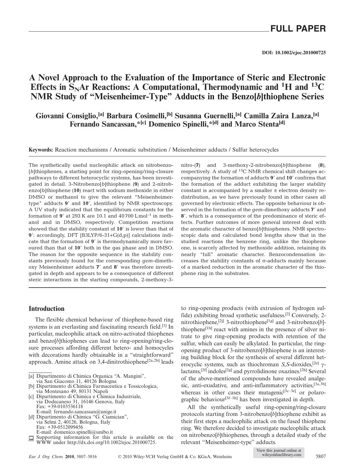 A Novel Approach to the Evaluation of the Importance of Steric and Electronic Effects in SNAr Reactions: A Computational, Thermodynamic and 1H and 13C NMR Study of MeisenheimerType by Unknown