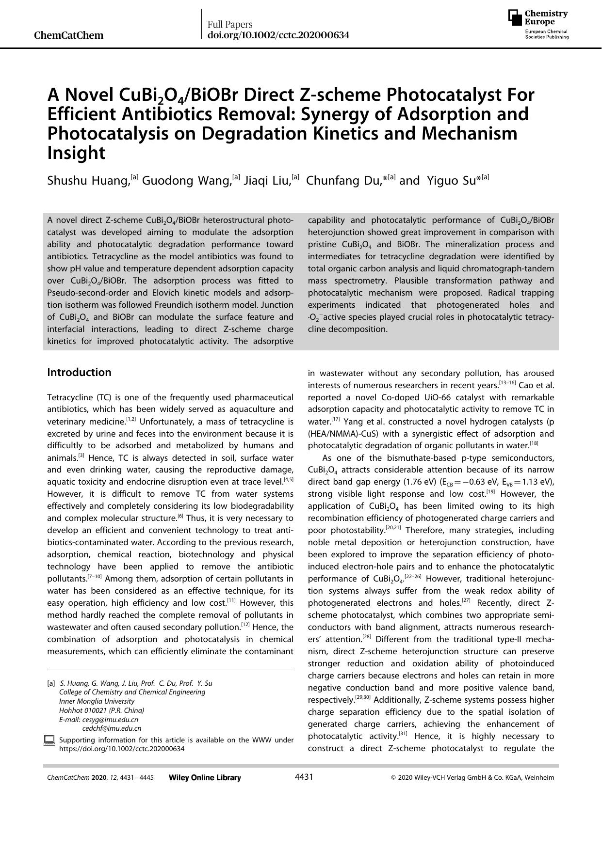 A Novel CuBi2O4BiOBr Direct Zâscheme Photocatalyst For Efficient Antibiotics Removal: Synergy of Adsorption and Photocatalysis on Degradation Kinetics and Mechanism Insight by Unknown