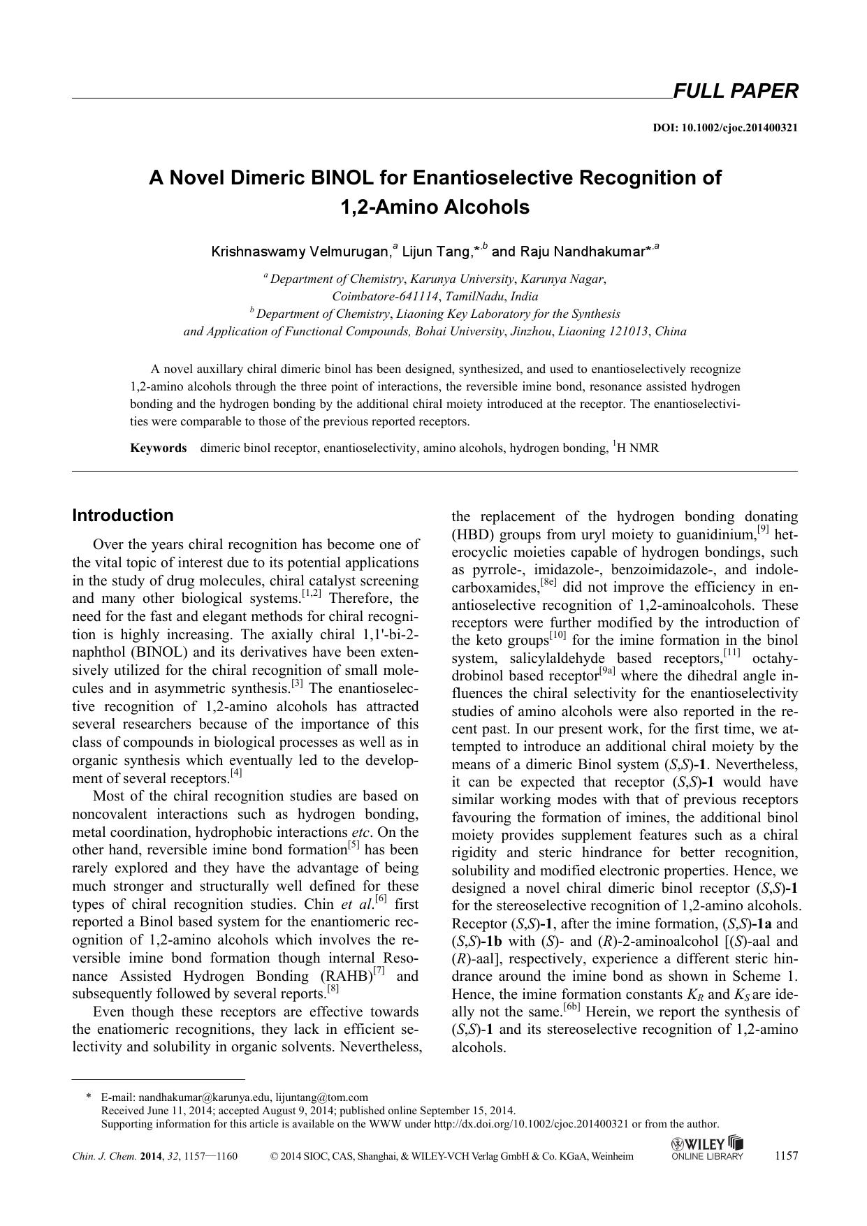 A Novel Dimeric BINOL for Enantioselective Recognition of 1,2Amino Alcohols by kxk1