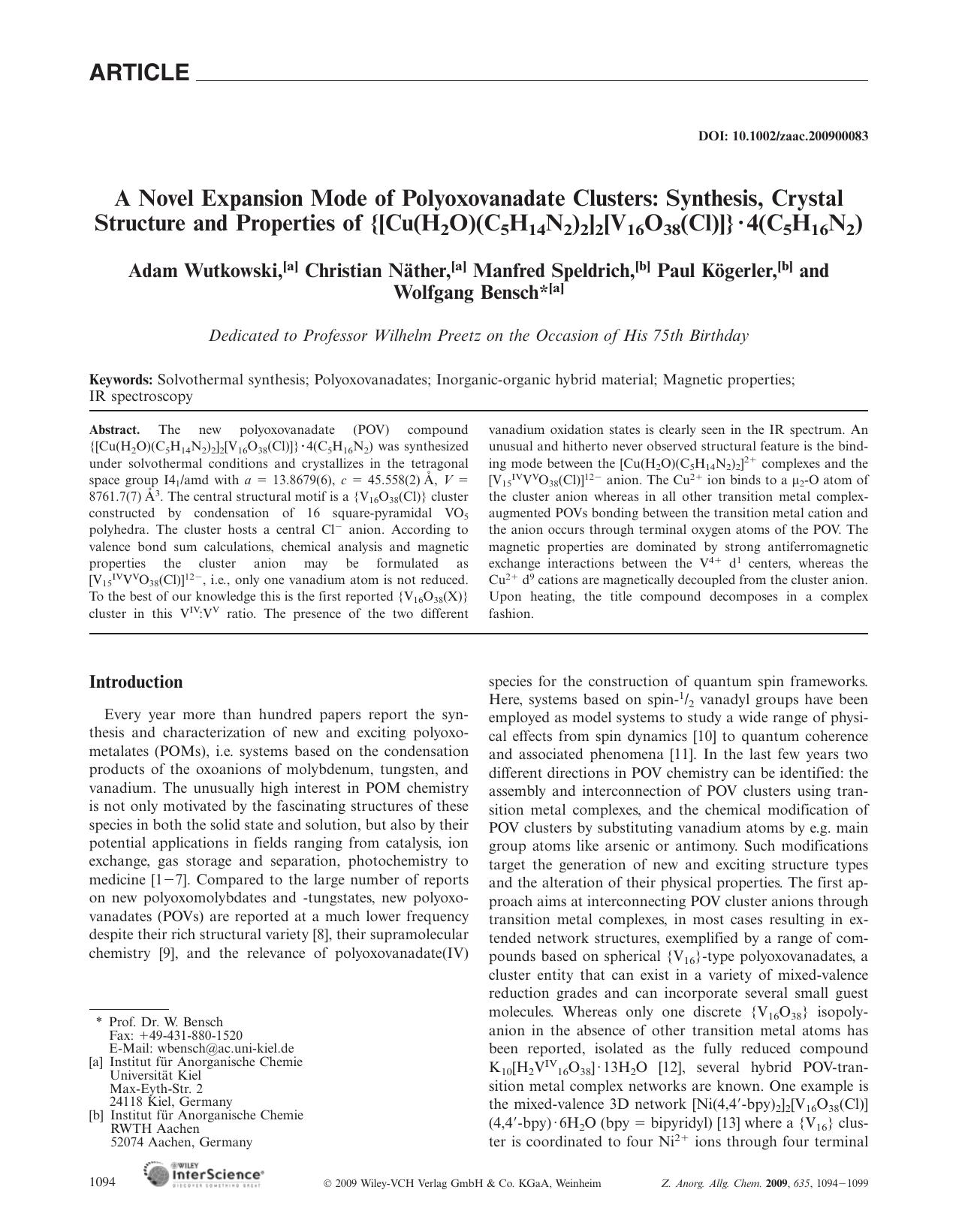 A Novel Expansion Mode of Polyoxovanadate Clusters: Synthesis, Crystal Structure and Properties of {[Cu(H2O)(C5H14N2)2]2[V16O38(Cl)]}Â·4(C5H16N2) by Unknown