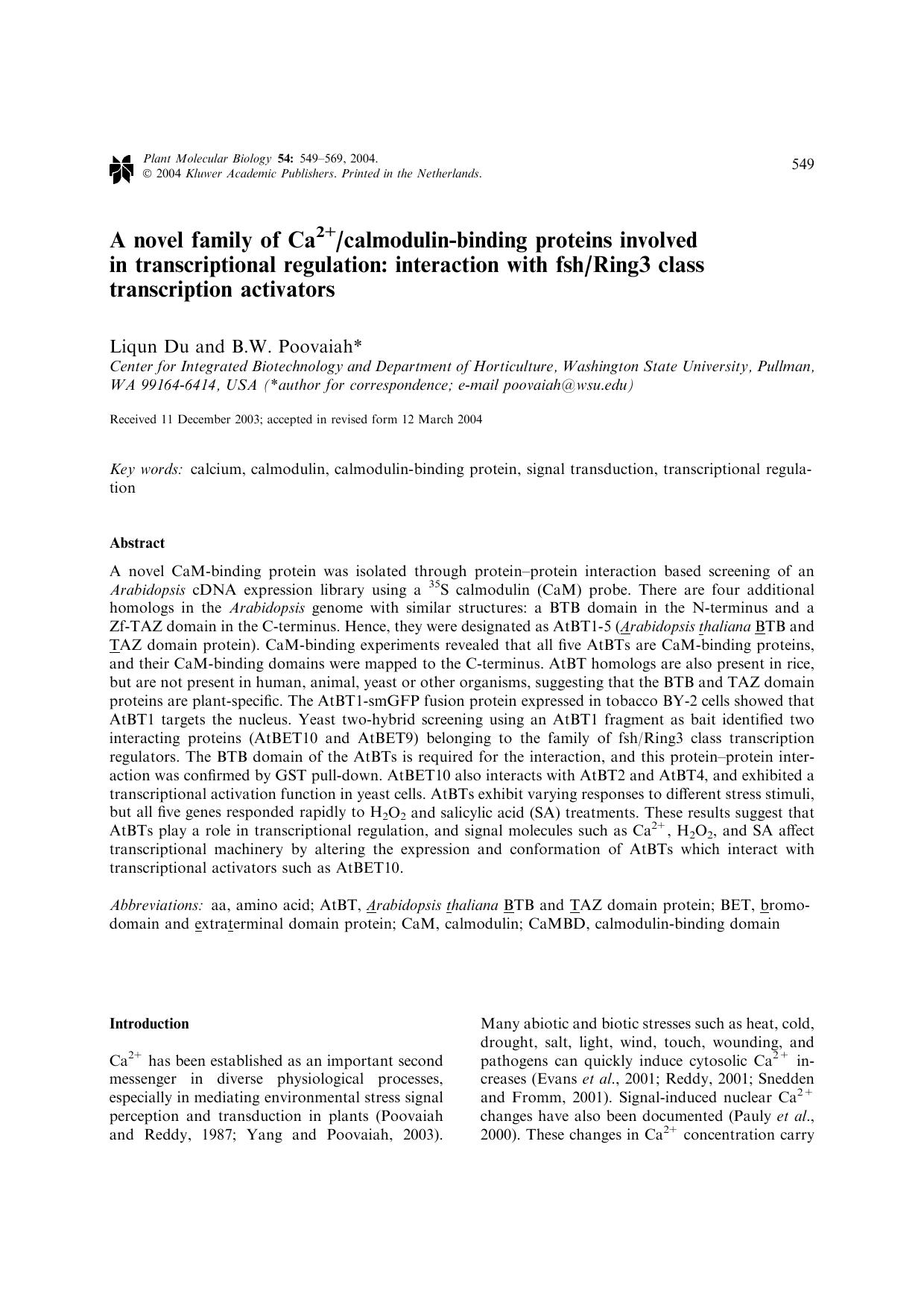 A Novel Family of Ca<Superscript>2+<Superscript>Calmodulin-Binding Proteins Involved in Transcriptional Regulation: Interaction with fshRing3 Class Transcription Activators by Unknown