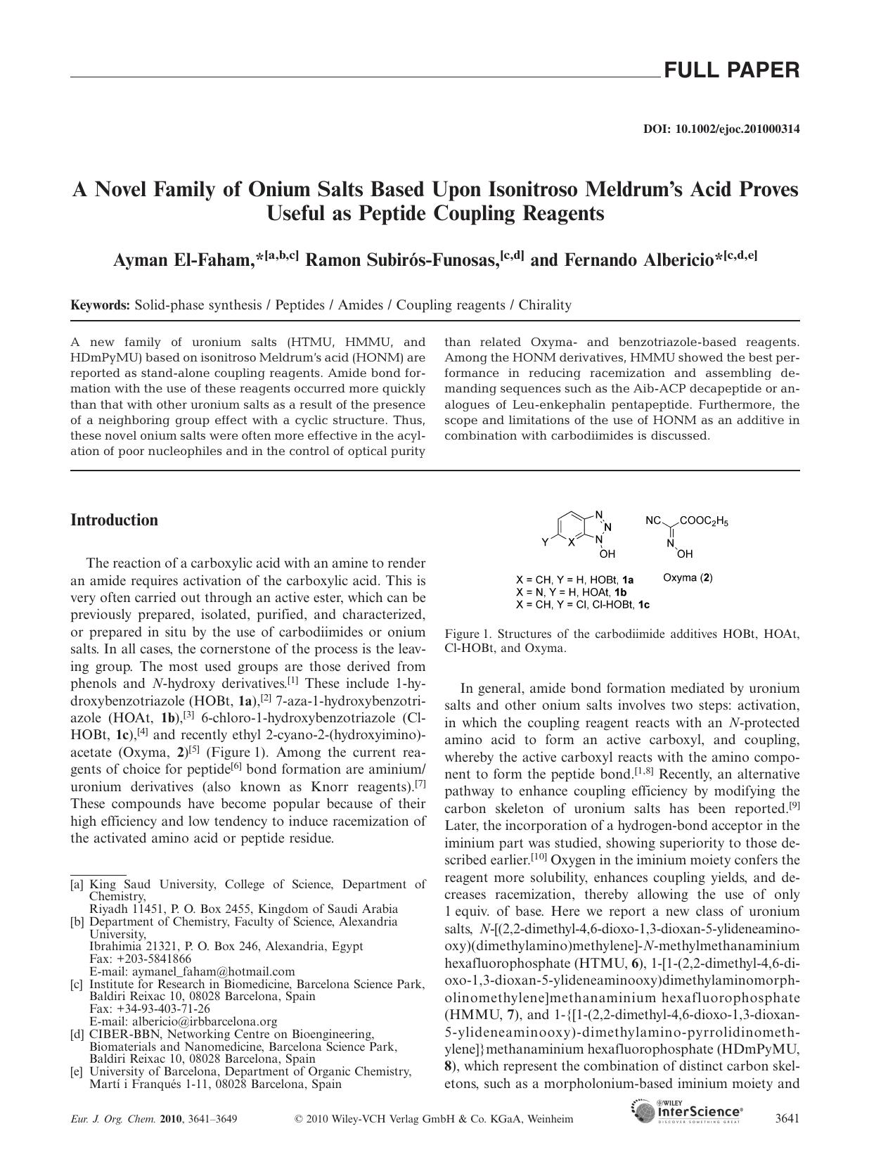 A Novel Family of Onium Salts Based Upon Isonitroso Meldrum's Acid Proves Useful as Peptide Coupling Reagents by Unknown