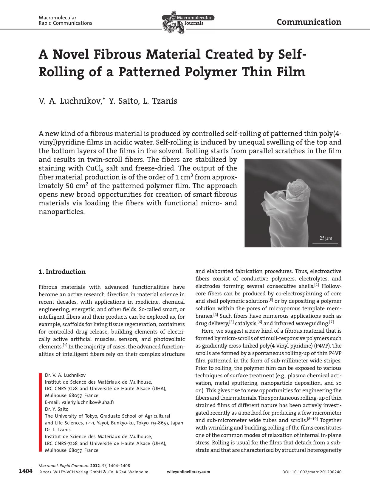 A Novel Fibrous Material Created by SelfRolling of a Patterned Polymer Thin Film by vng