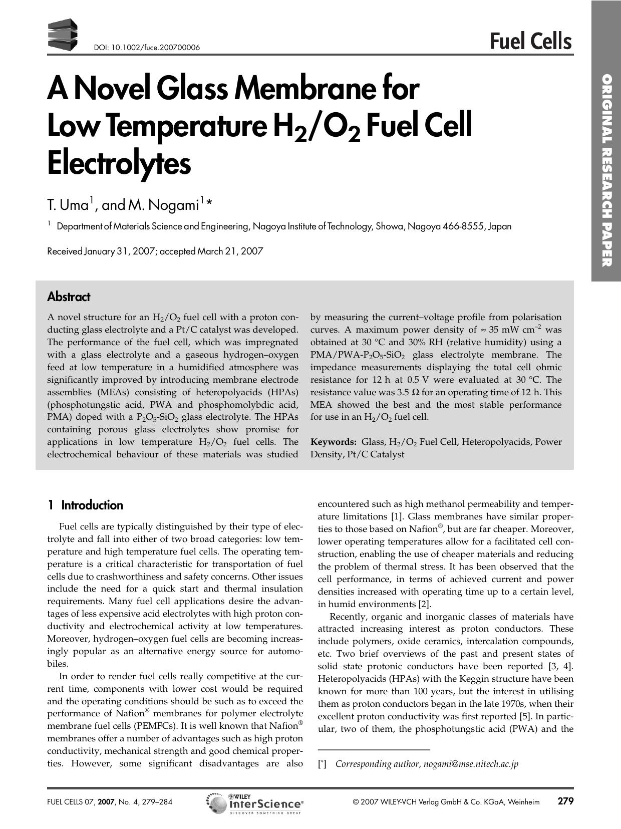 A Novel Glass Membrane for Low Temperature H2O2 Fuel Cell Electrolytes by Unknown