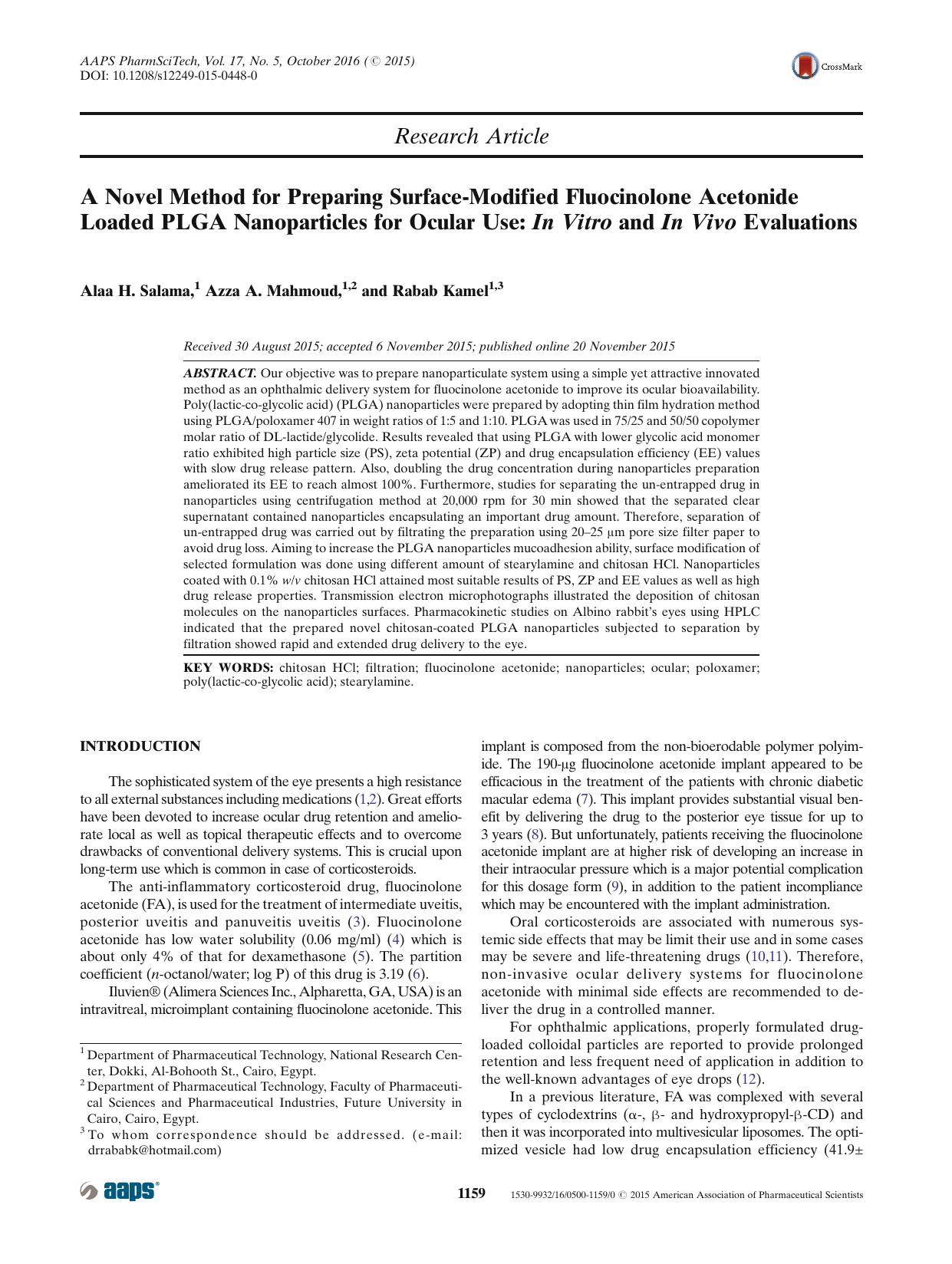 A Novel Method for Preparing Surface-Modified Fluocinolone Acetonide Loaded PLGA Nanoparticles for Ocular Use: In Vitro and In Vivo Evaluations by Alaa H. Salama & Azza A. Mahmoud & Rabab Kamel