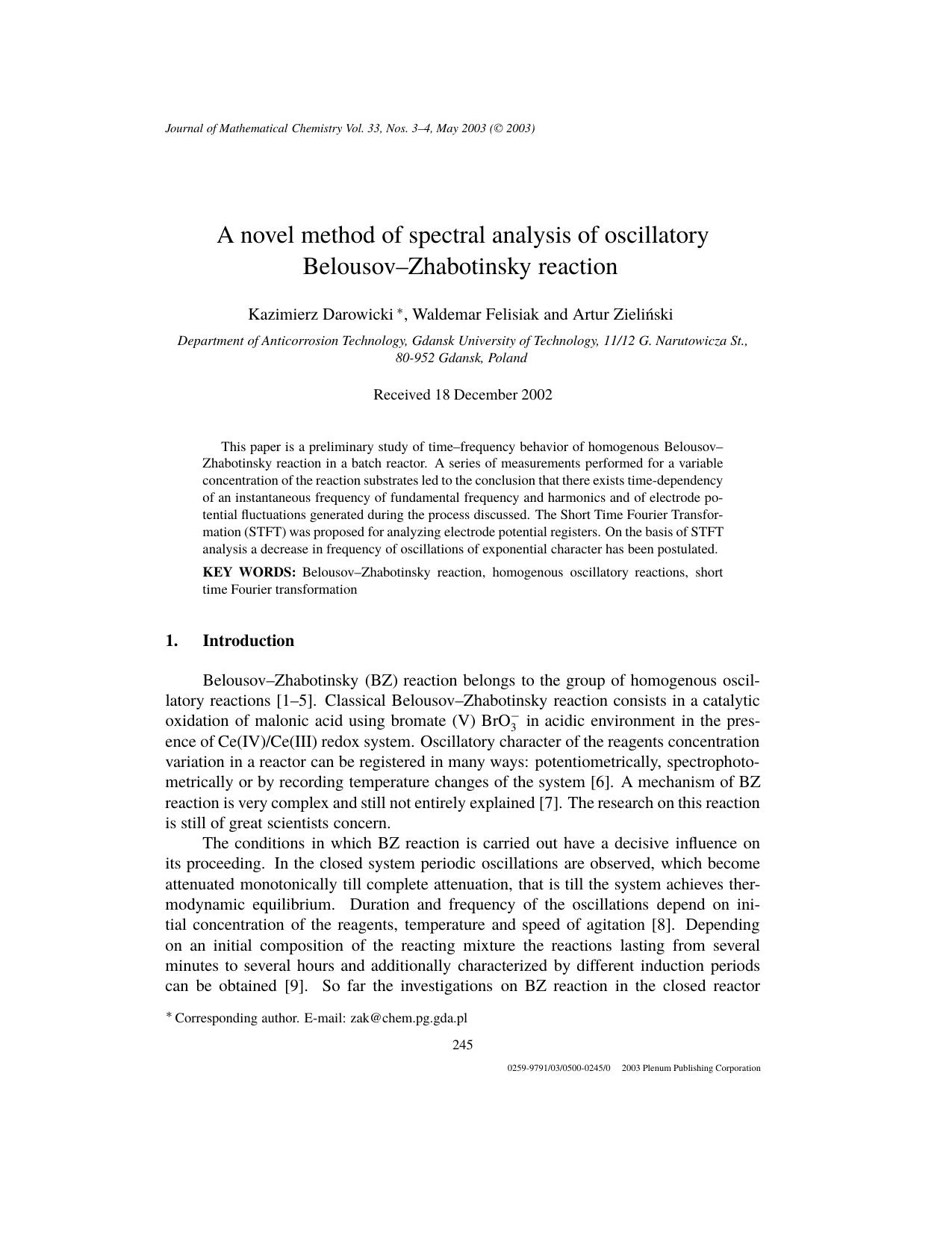 A Novel Method of Spectral Analysis of Oscillatory Belousov&#x2013;Zhabotinsky Reaction by Unknown