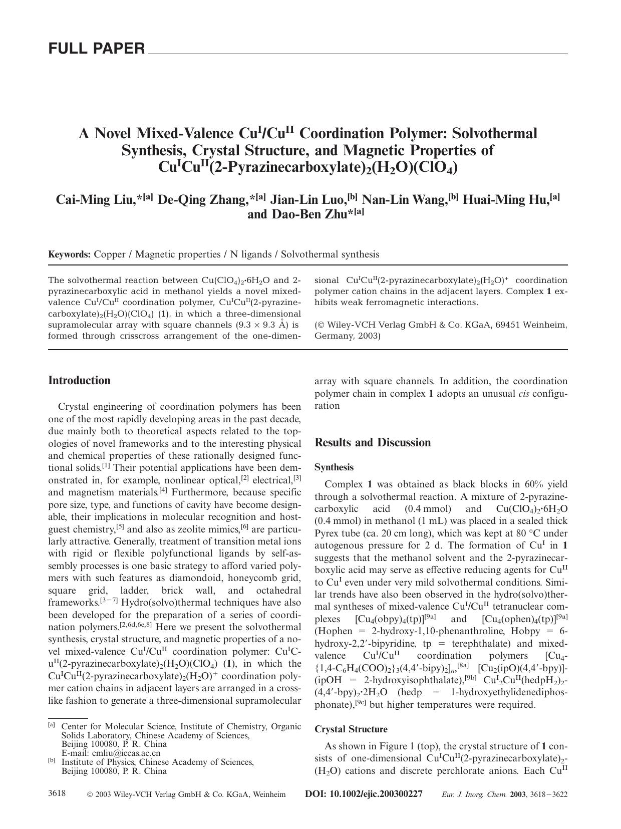 A Novel Mixed-Valence CuICuII Coordination Polymer: Solvothermal Synthesis, Crystal Structure, and Magnetic Properties of CuICuII(2-Pyrazinecarboxylate)2(H2O)(ClO4) by Unknown