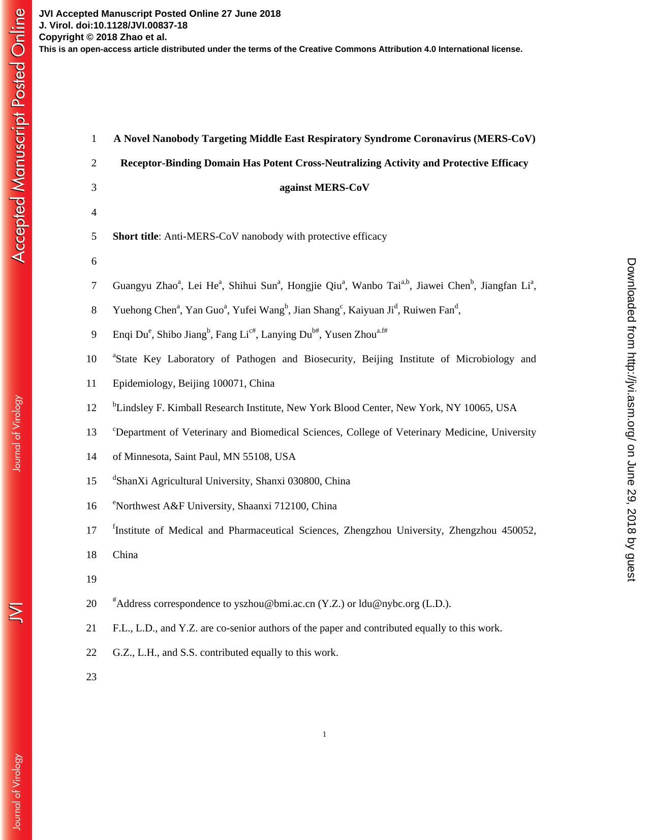 A Novel Nanobody Targeting Middle East Respiratory Syndrome Coronavirus (MERS-CoV) Receptor-Binding Domain Has Potent Cross-Neutralizing Activity and Protective Efficacy against MERS-CoV by Unknown