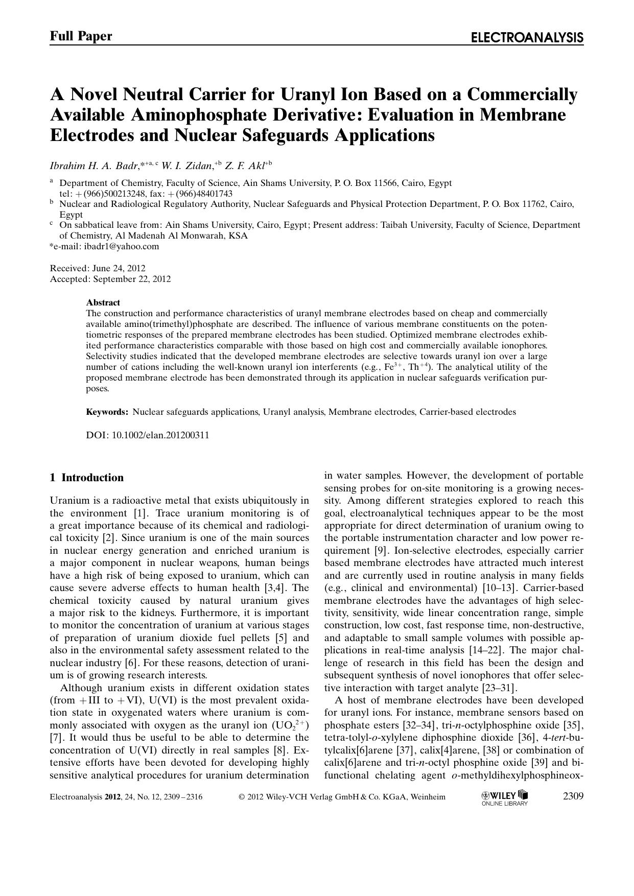 A Novel Neutral Carrier for Uranyl Ion Based on a Commercially Available Aminophosphate Derivative: Evaluation in Membrane Electrodes and Nuclear Safeguards Applications by Unknown