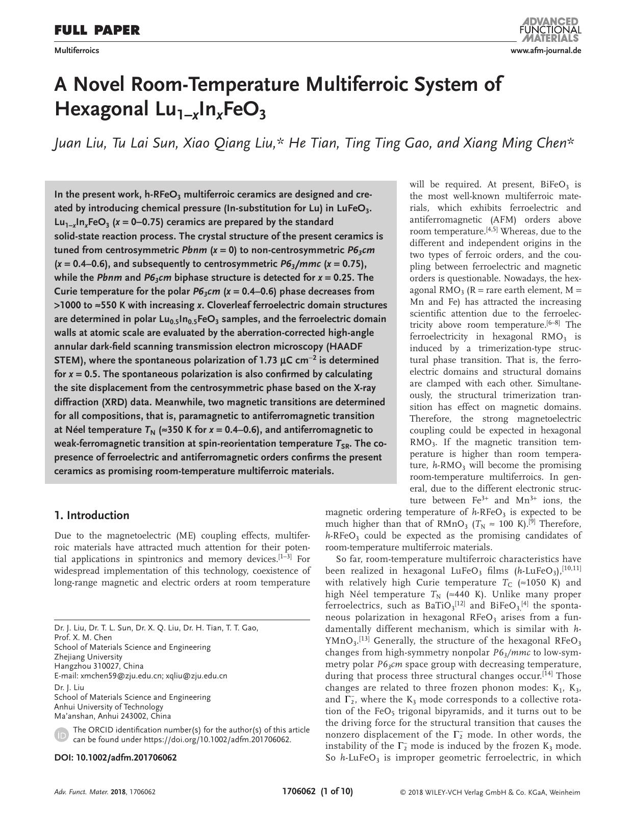 A Novel Room‐Temperature Multiferroic System of Hexagonal Lu1−xInxFeO3 by Unknown