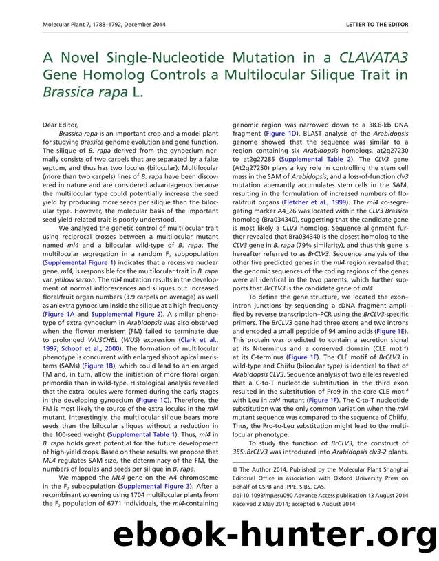 A Novel Single-Nucleotide Mutation in a CLAVATA3 Gene Homolog Controls a Multilocular Silique Trait in Brassica rapa L. by unknow