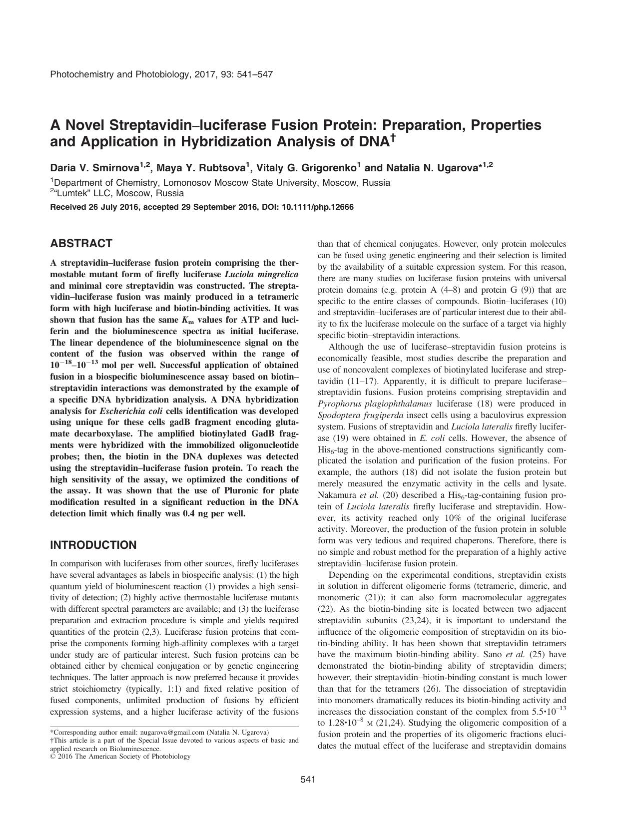 A Novel Streptavidinâluciferase Fusion Protein: Preparation, Properties and Application in Hybridization Analysis of DNA by Unknown