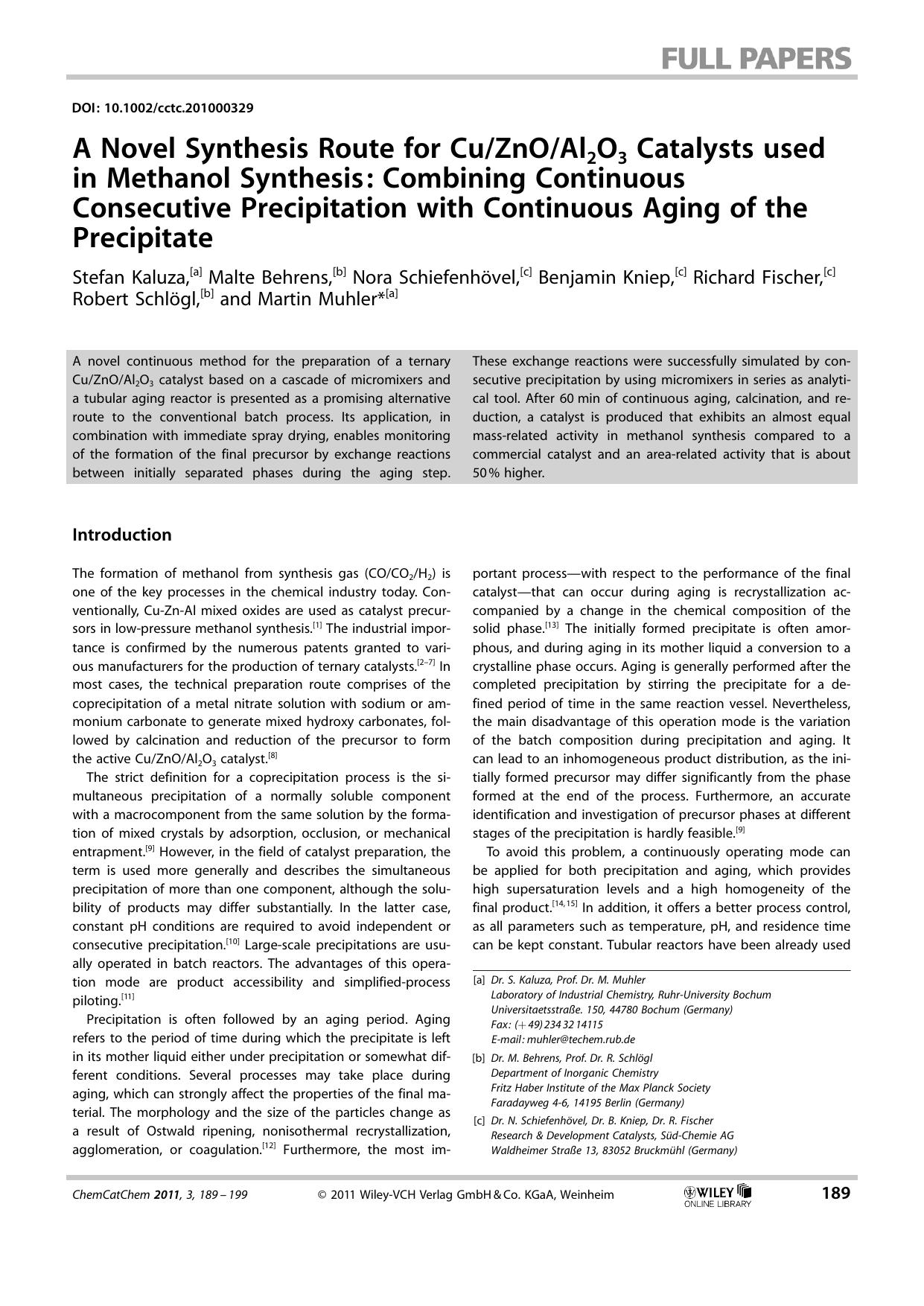 A Novel Synthesis Route for CuZnOAl2O3 Catalysts used in Methanol Synthesis: Combining Continuous Consecutive Precipitation with Continuous Aging of the Precipitate by Unknown