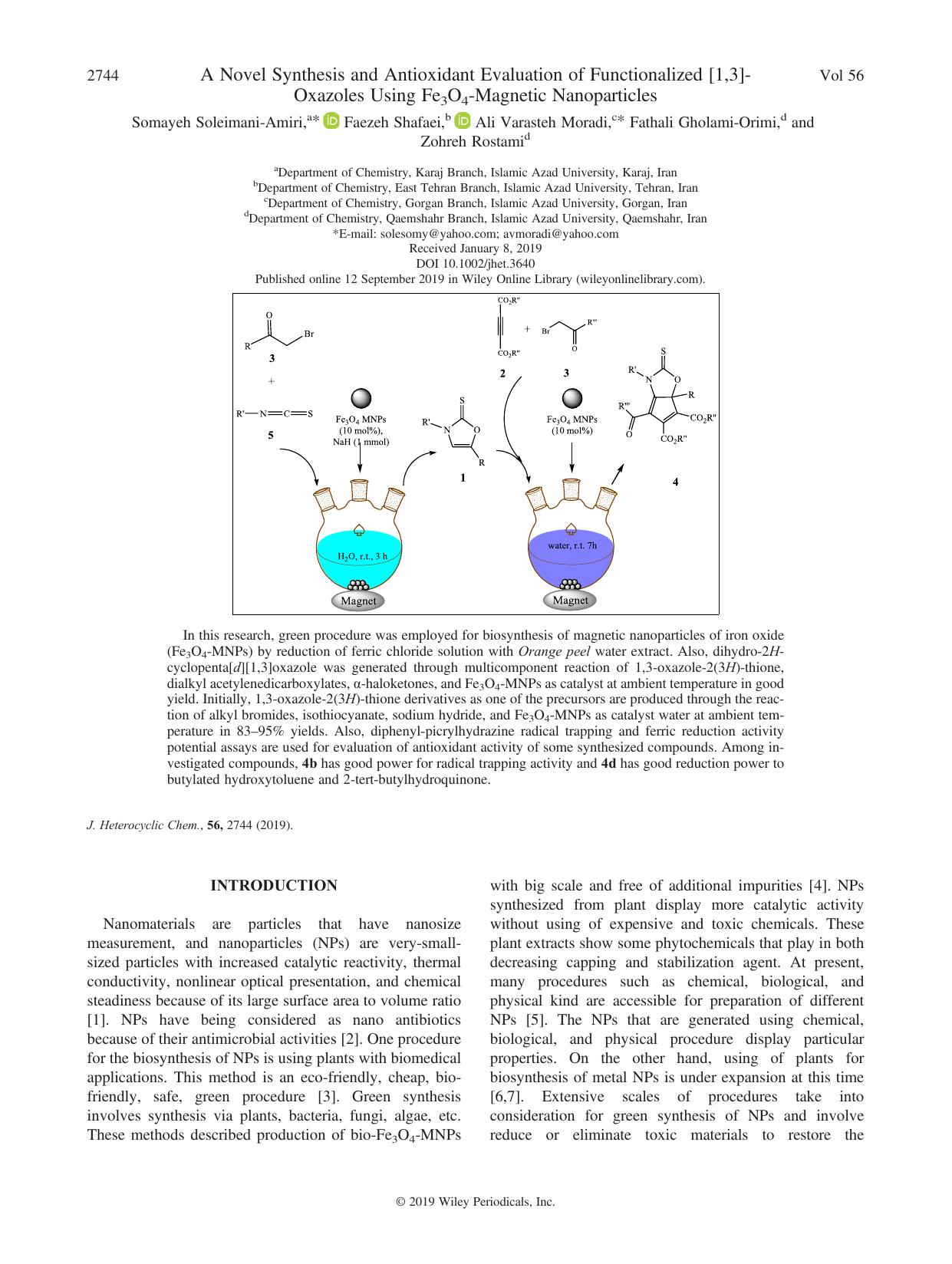 A Novel Synthesis and Antioxidant Evaluation of Functionalized [1,3]âOxazoles Using Fe3O4âMagnetic Nanoparticles by unknow