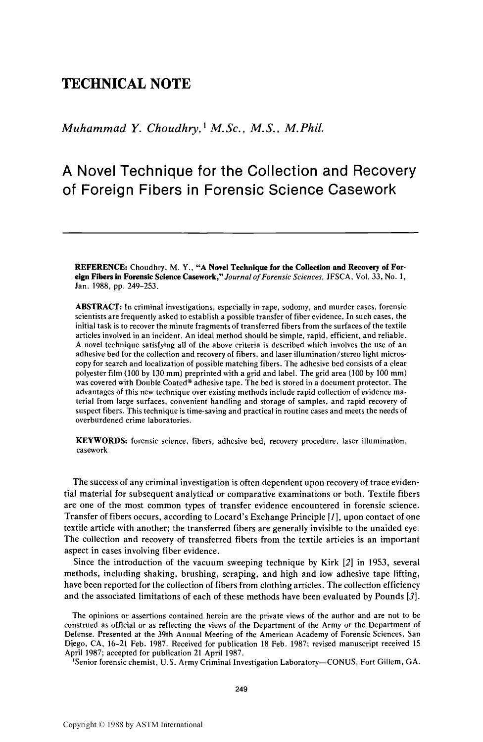 A Novel Technique for the Collection and Recovery of Foreign Fibers in Forensic Science Casework by Choudhry MY