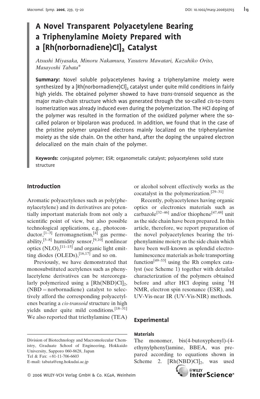 A Novel Transparent Polyacetylene Bearing a Triphenylamine Moiety Prepared with a [Rh(norbornadiene)Cl]2 Catalyst by Unknown