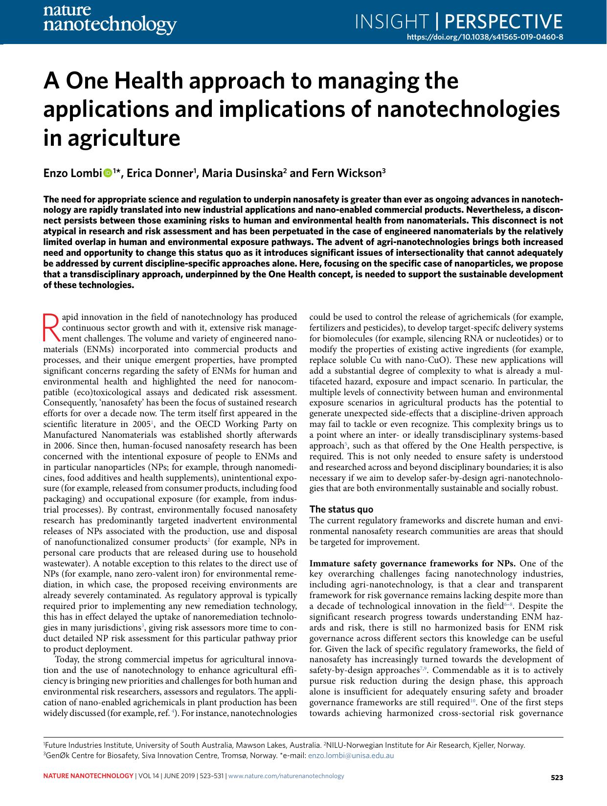 A One Health approach to managing the applications and implications of nanotechnologies in agriculture by Enzo Lombi & Erica Donner & Maria Dusinska & Fern Wickson