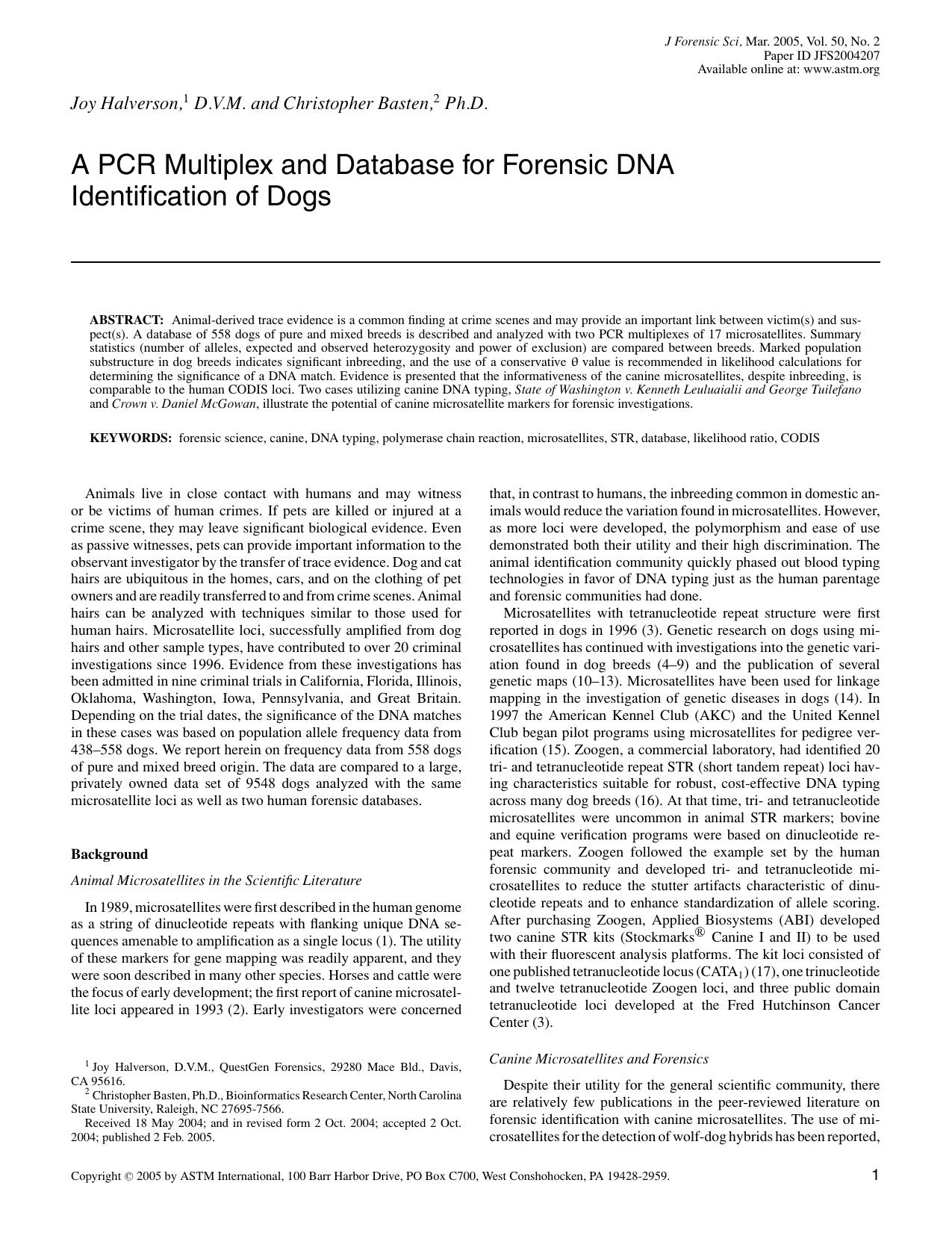 A PCR multiplex and database for forensic DNA identification of dogs by Halverson J Basten C Halverson J Basten C