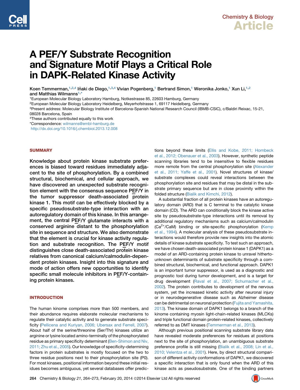 A PEFY Substrate Recognition and Signature Motif Plays a Critical Role in DAPK-Related Kinase Activity by unknow