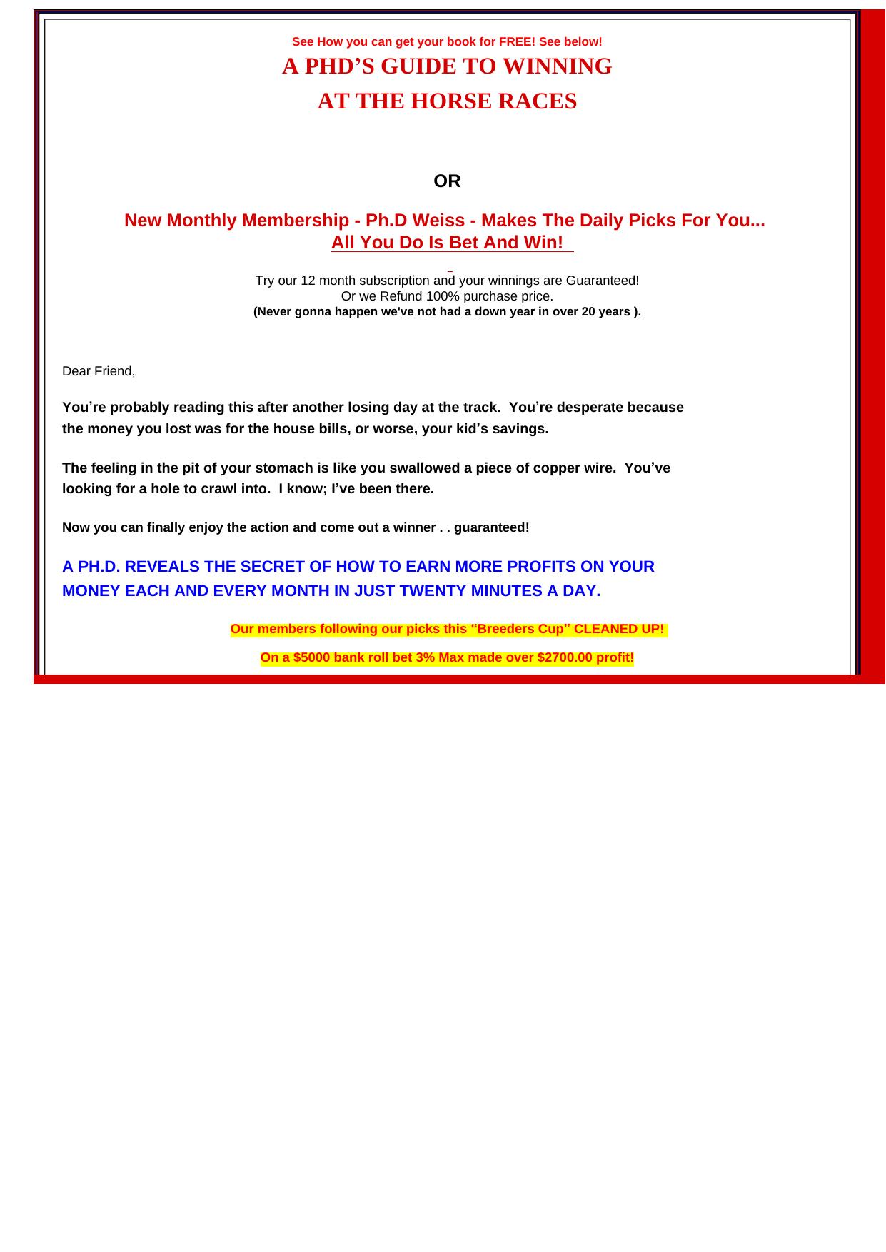 A PHDs Guide To Winning At The Horse Races - EBook & New Membership. by Best of Kuszter's Collection