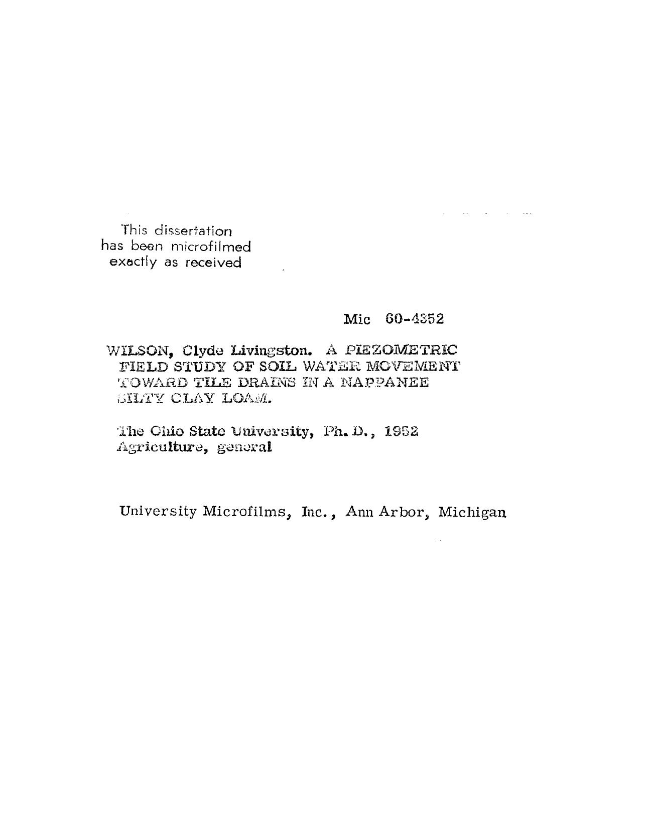 A PIEZOMETRIC FIELD STUDY OF SOIL WATER MOVEMENT TOWARD TITLE DRAINS IN ANAPPANEE SILTY CLAY LOAM by WILSON CLYDE LIVINGSTON