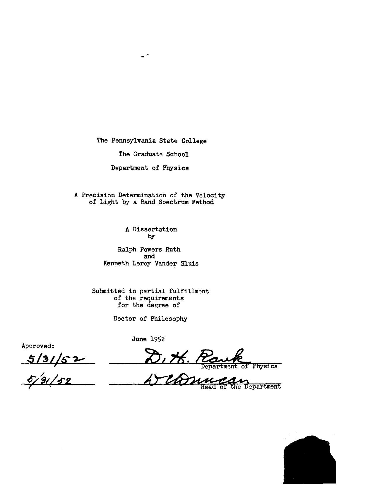 A PRECISION DETERMINATION OF THE VELOCITY OF LIGHT BY A BAND SPECTRUM METHOD by RUTH RALPH POWERS