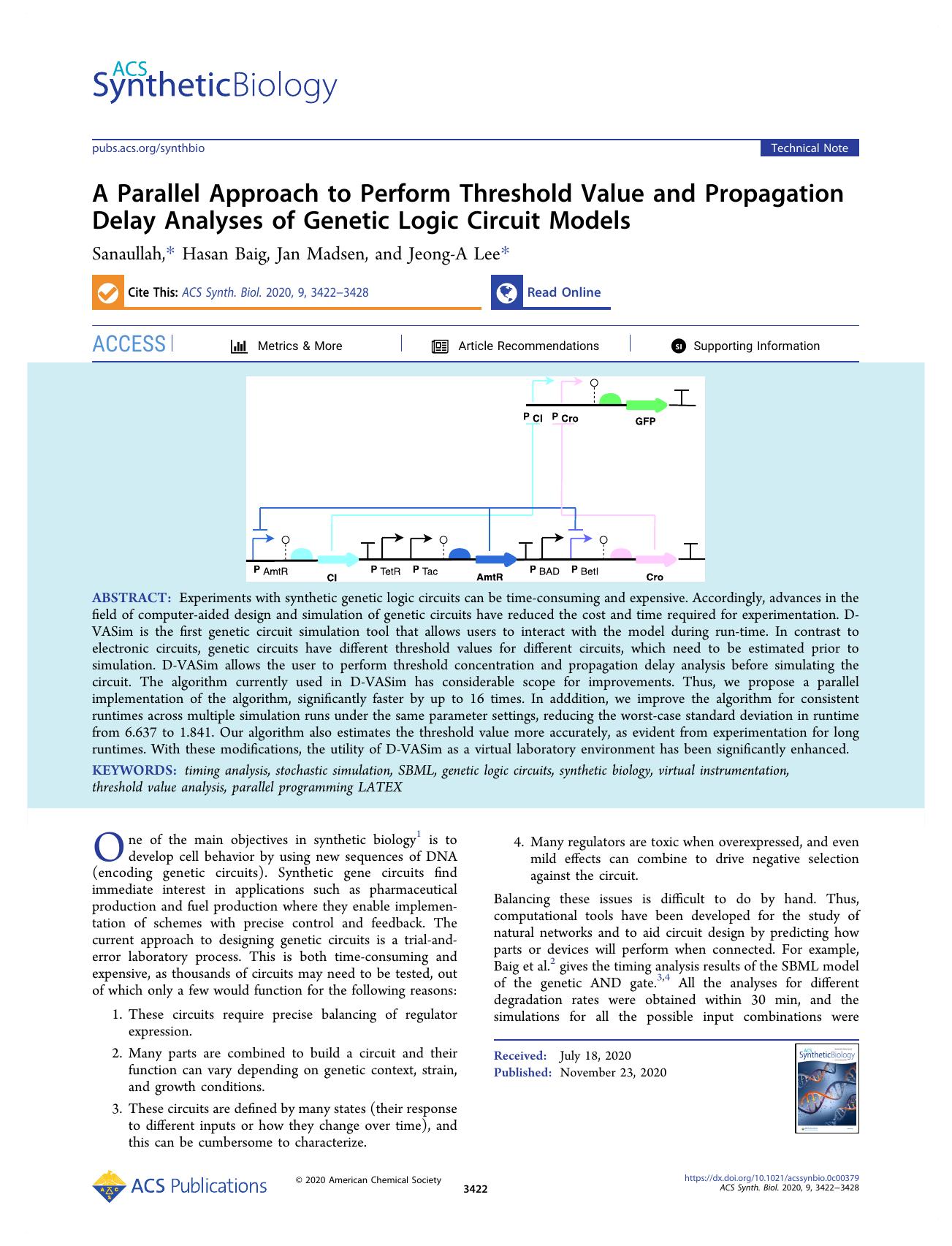 A Parallel Approach to Perform Threshold Value and Propagation Delay Analyses of Genetic Logic Circuit Models by Hasan Baig Jan Madsen and Jeong-A Lee