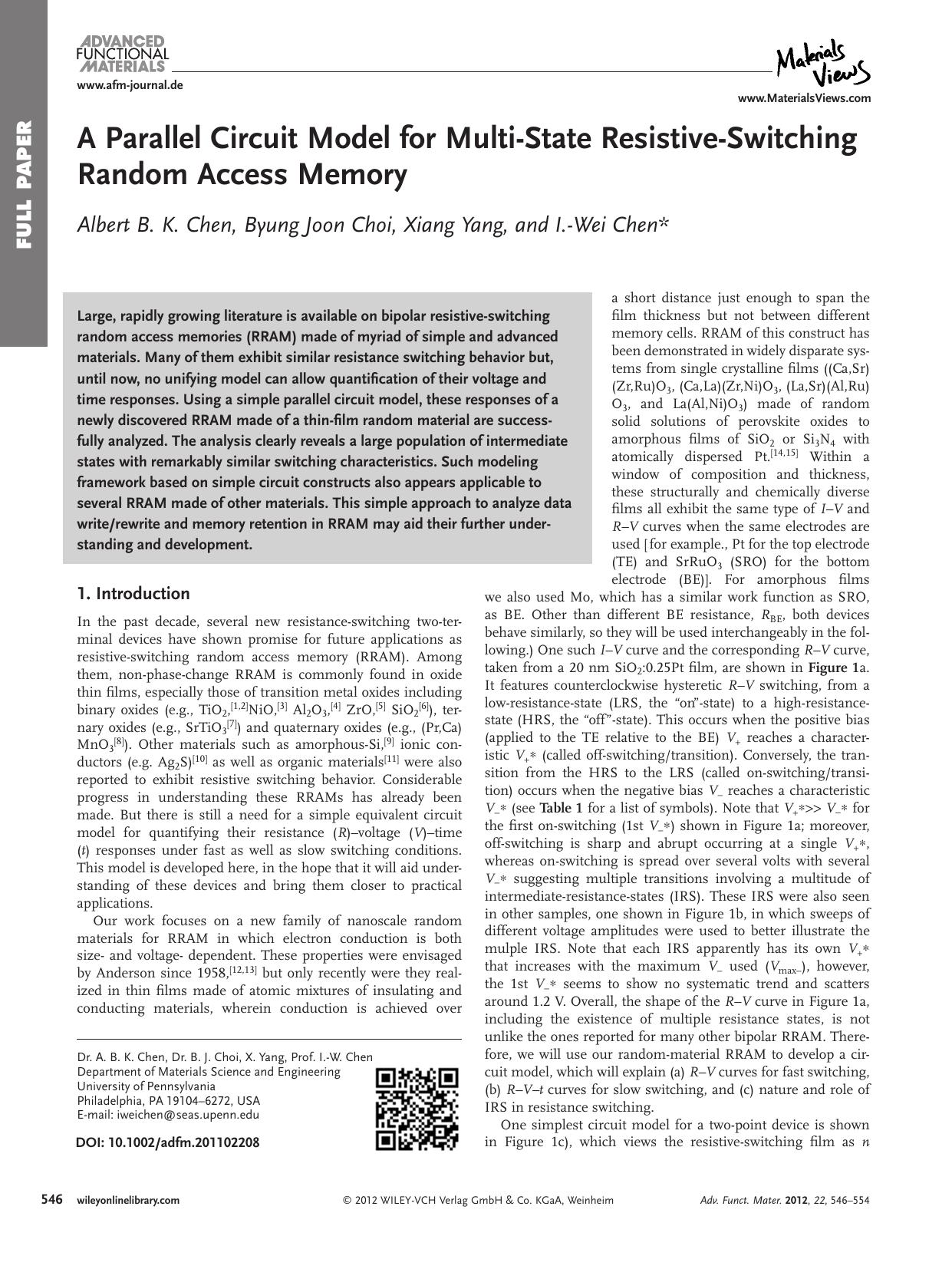 A Parallel Circuit Model for MultiState ResistiveSwitching Random Access Memory by Unknown