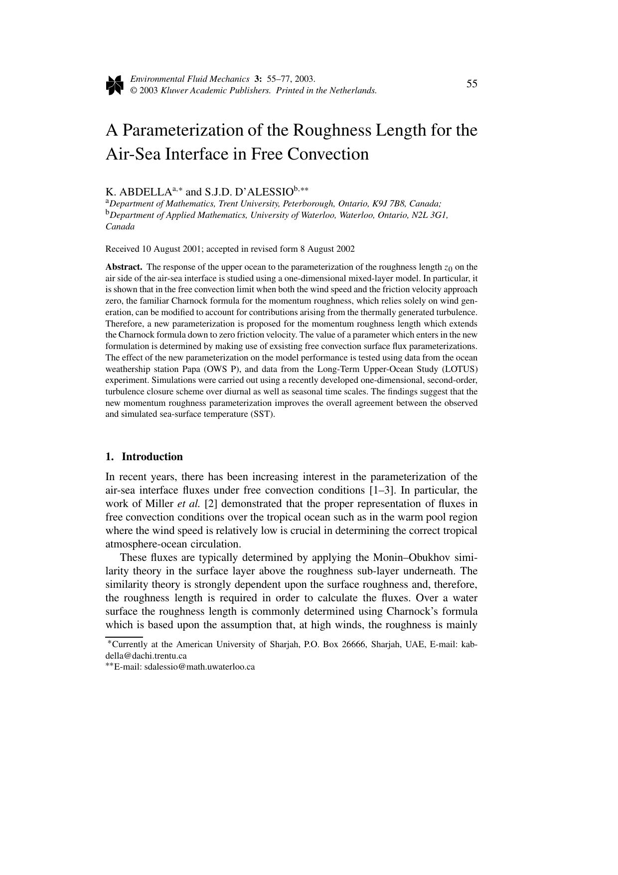 A Parameterization of the Roughness Length for the Air-Sea Interface in Free Convection by Unknown